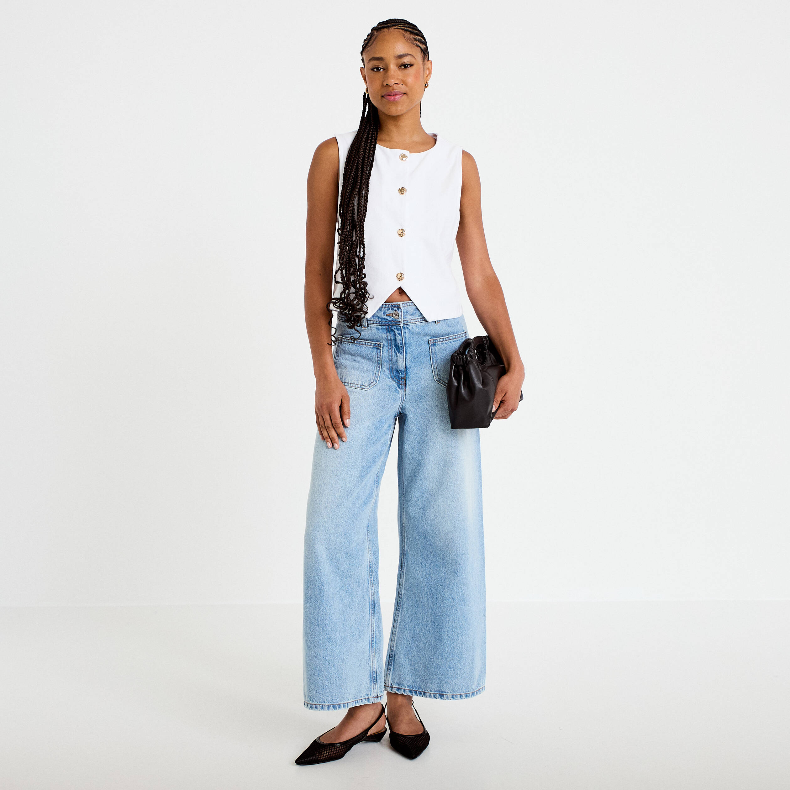 Gilet jean cintr&eacute; cropped sans manches blanc femme