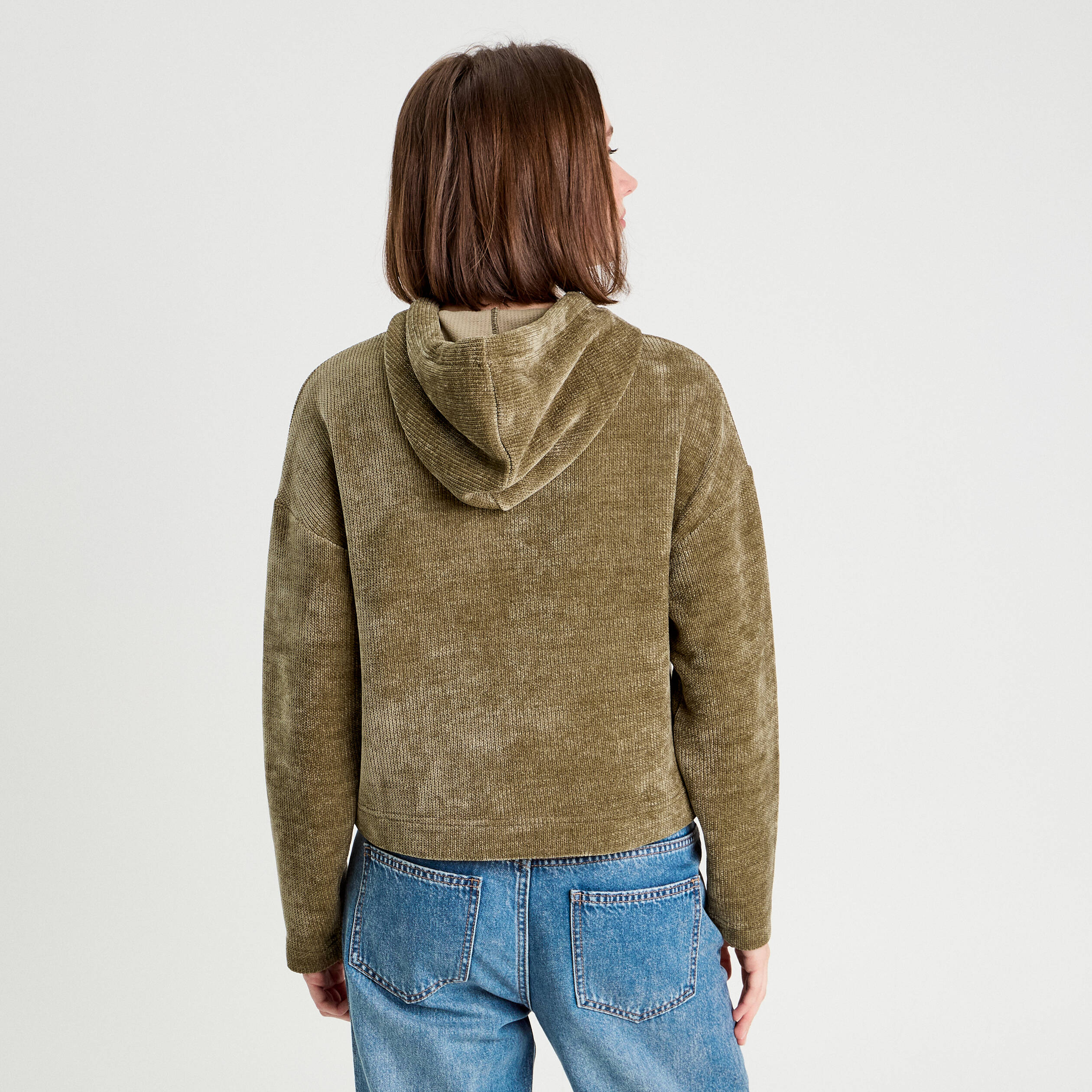 Sweat &agrave; capuche vert kaki femme