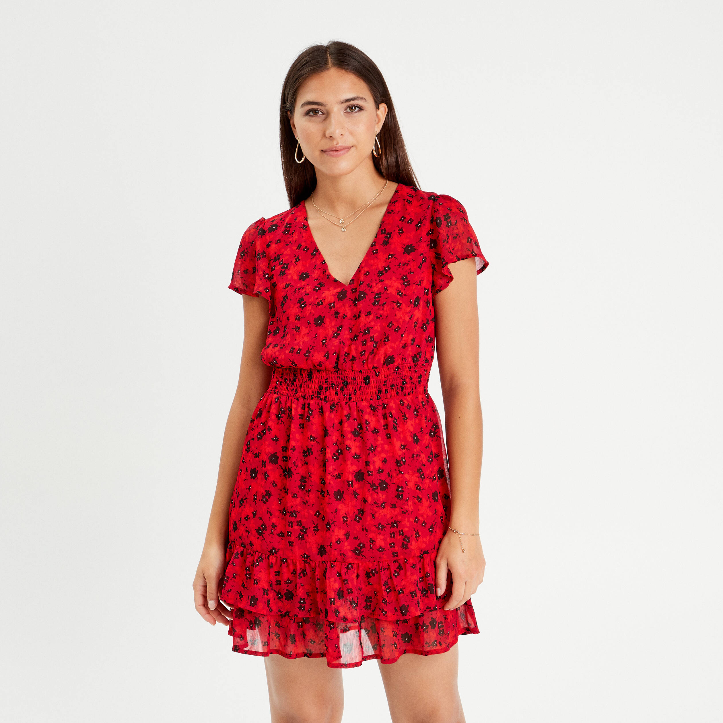 Robe &eacute;vas&eacute;e &agrave; volants rouge femme