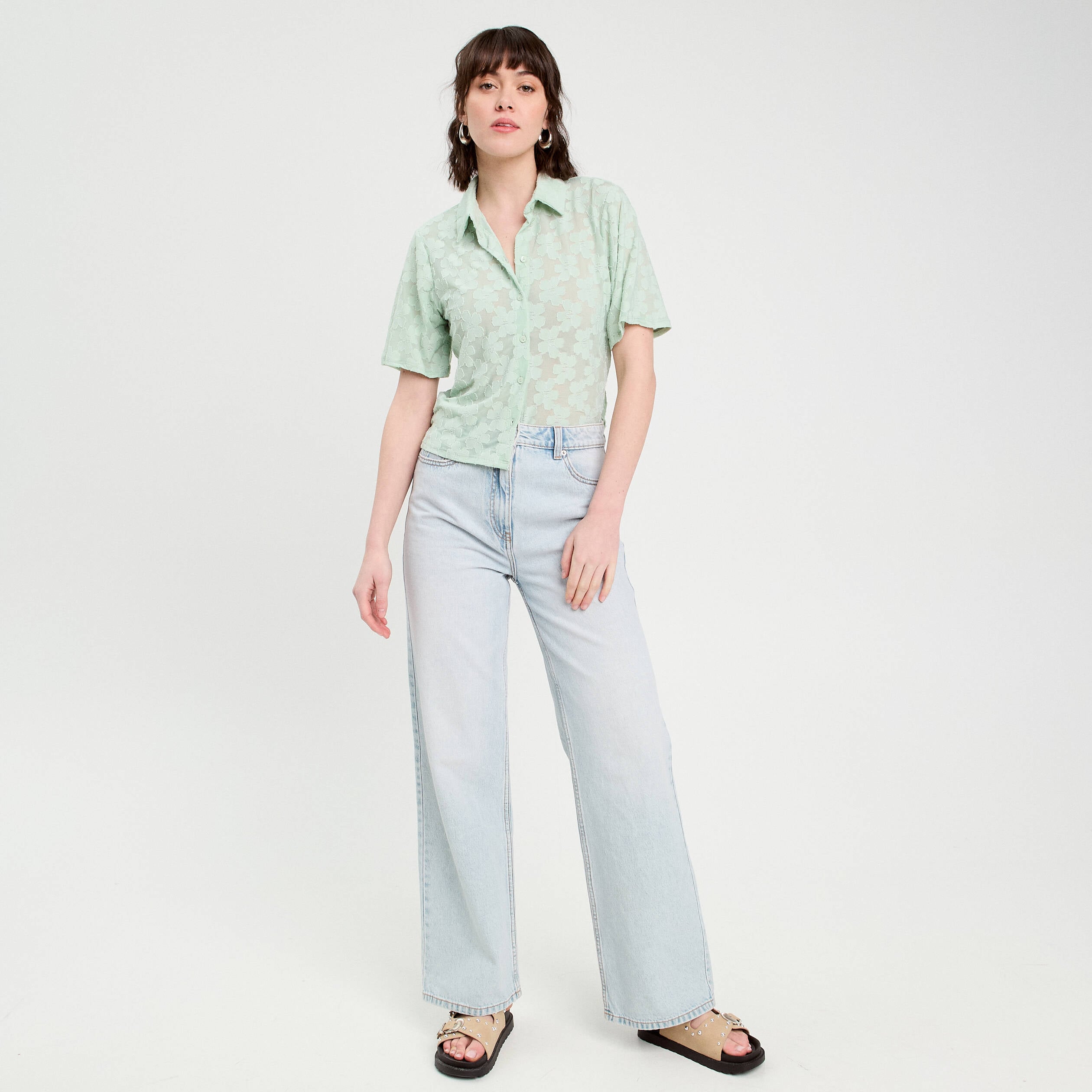 Chemise manches courtes vert clair femme