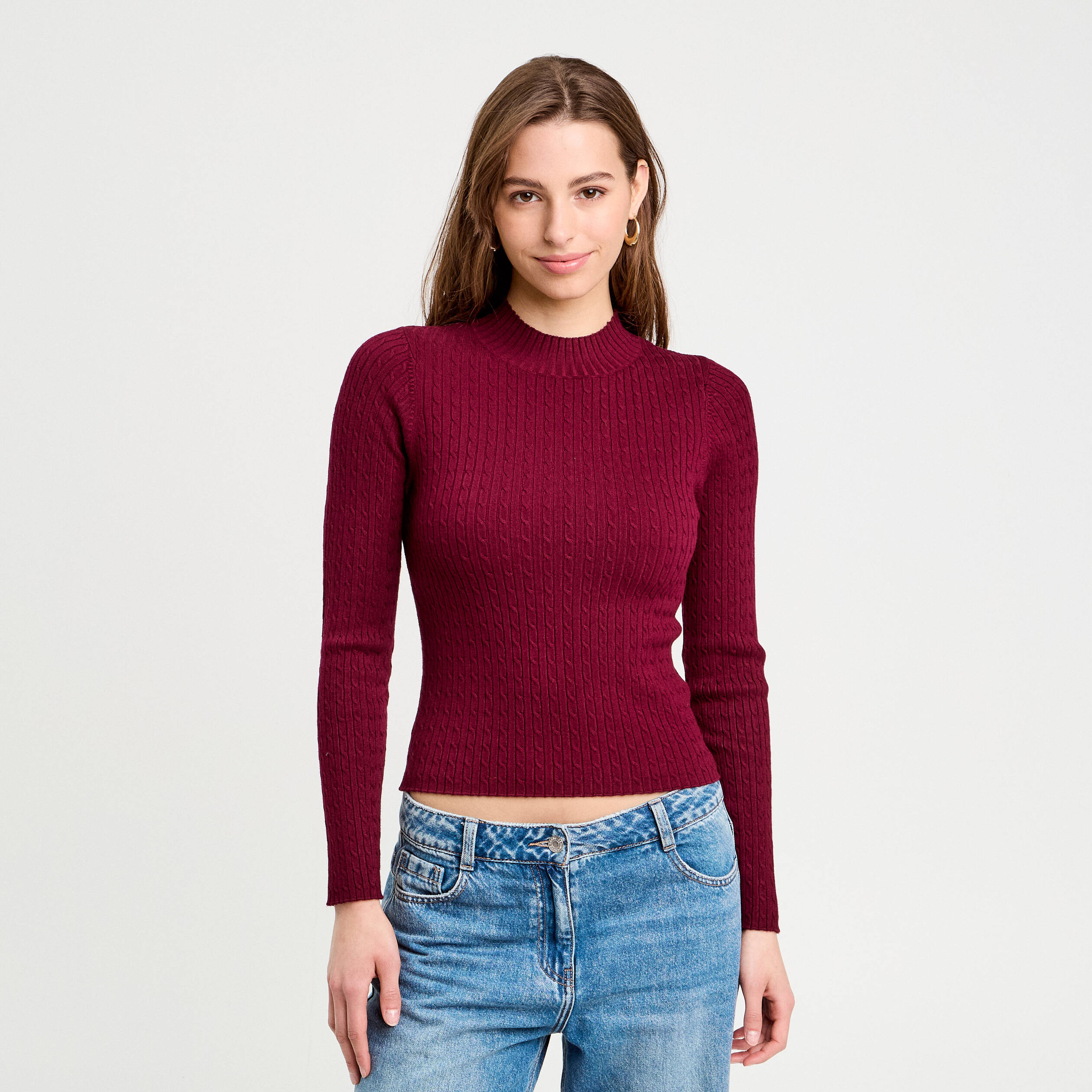 pull col montant torsades bordeaux femme Pull col montant torsades bordeaux femme