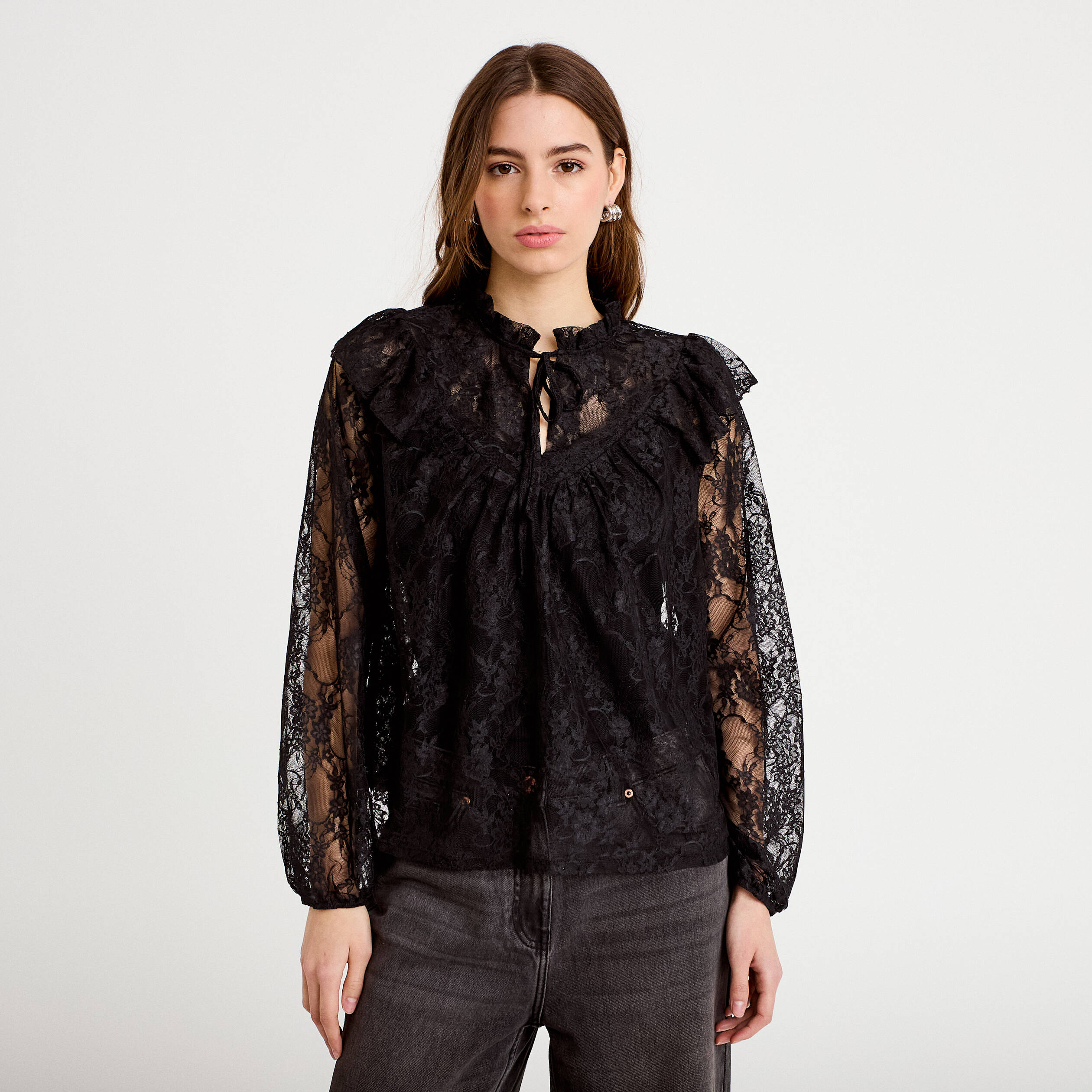 Blouse col rond manches longues dentelle noir femme