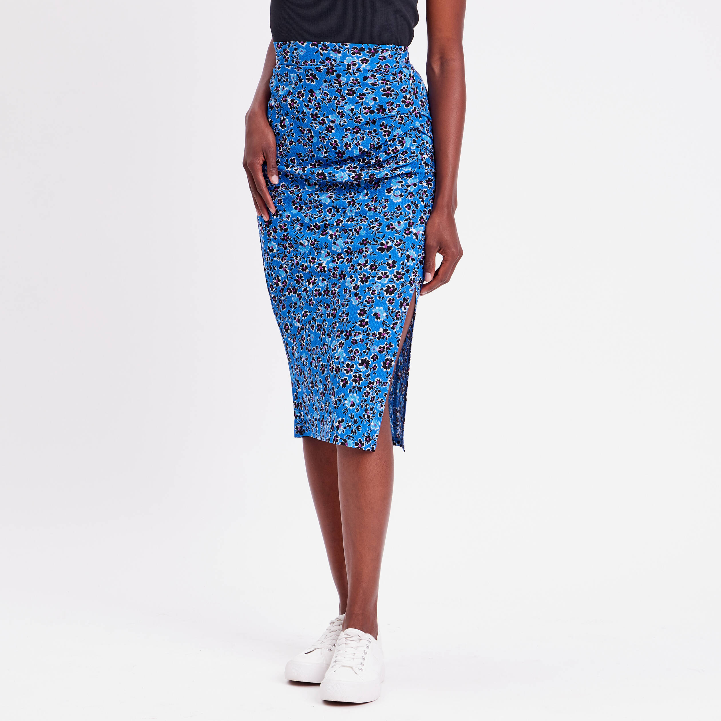 Jupe moulante drap&eacute;e bleu femme