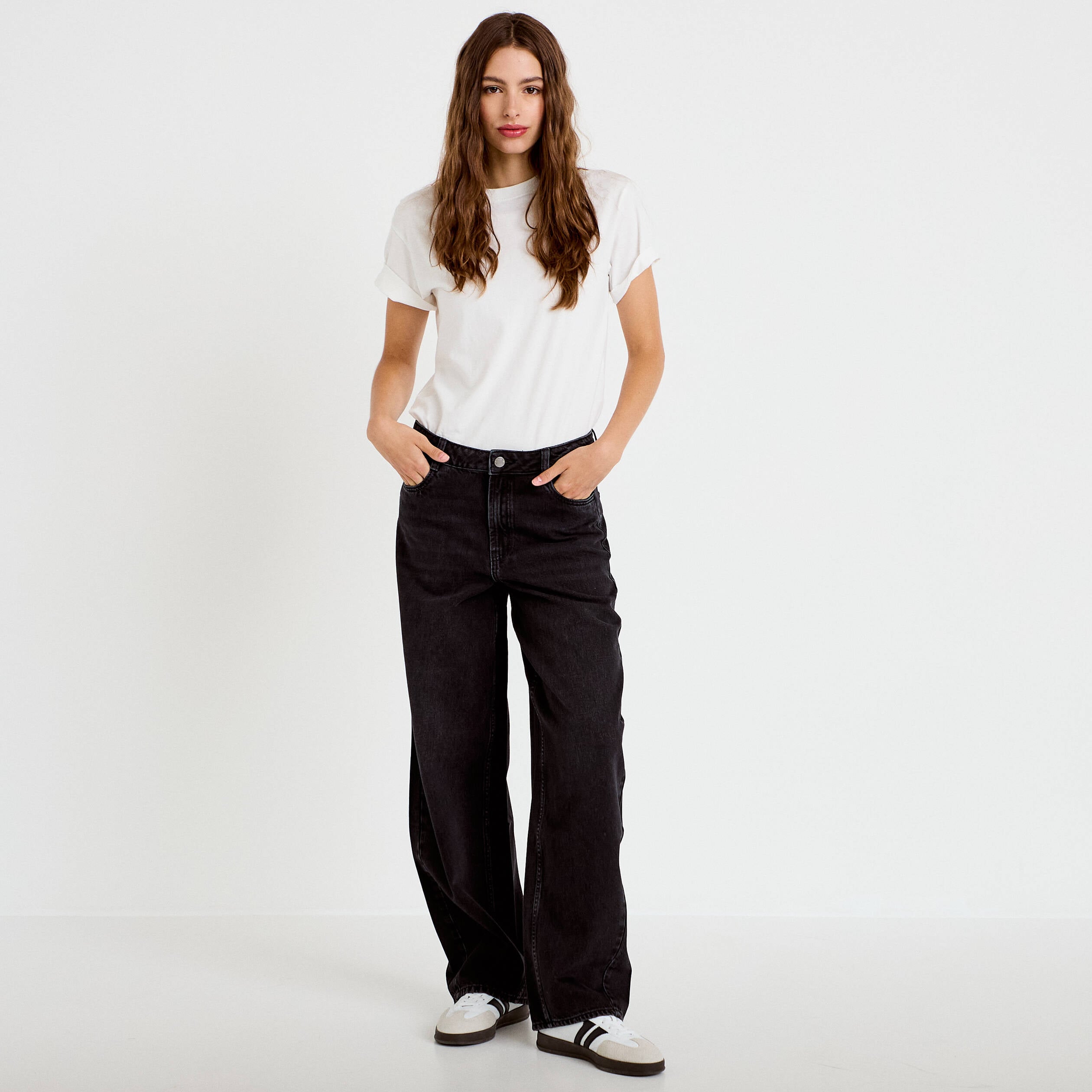 Jean barrel taille haute denim noir femme