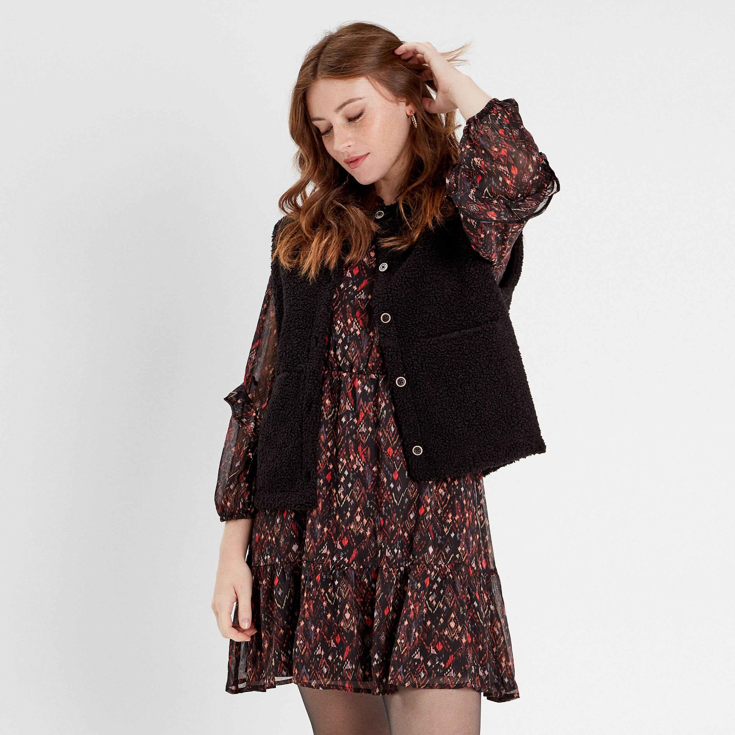 Robe droite volants noir femme