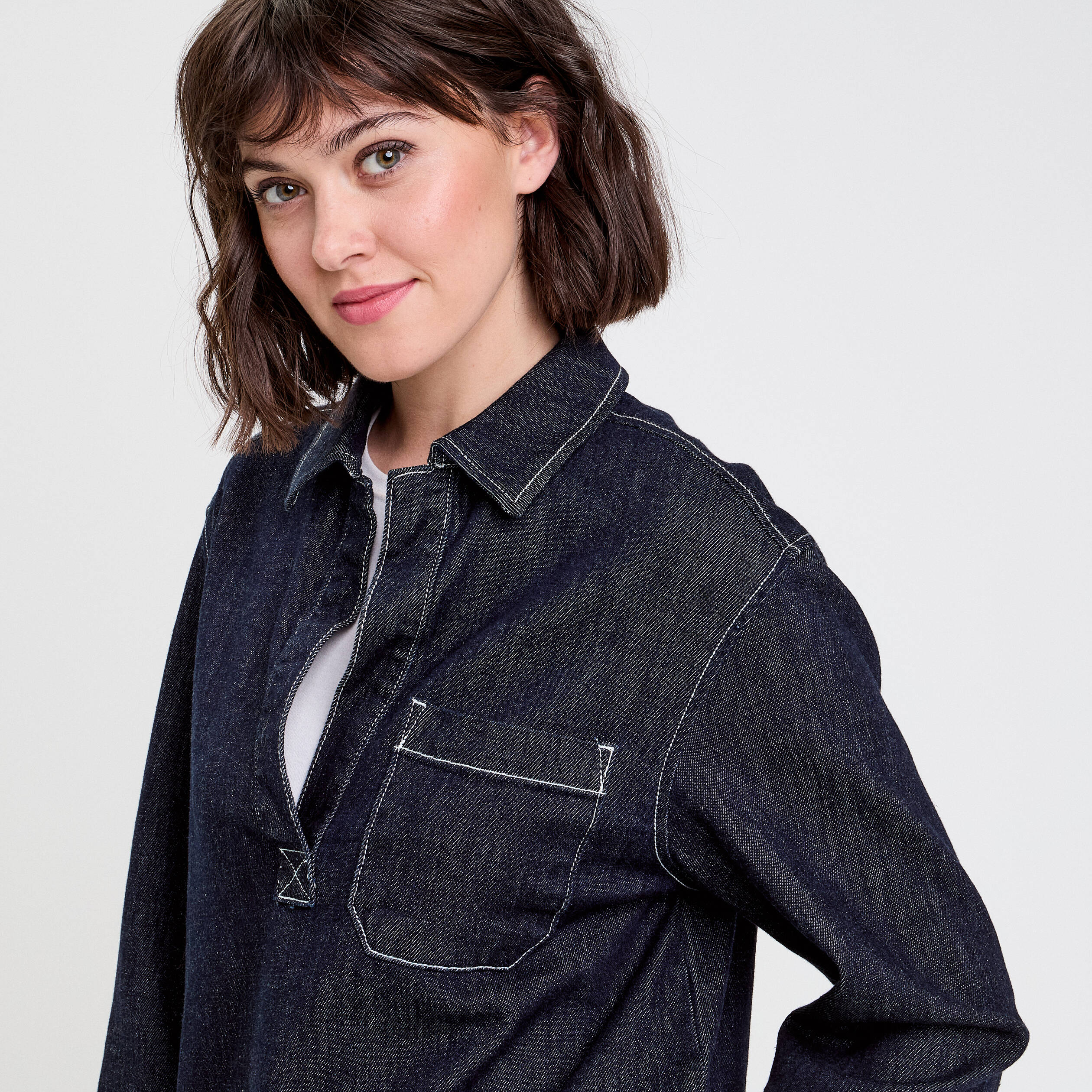 Blouse col chemise manches longues denim brut femme
