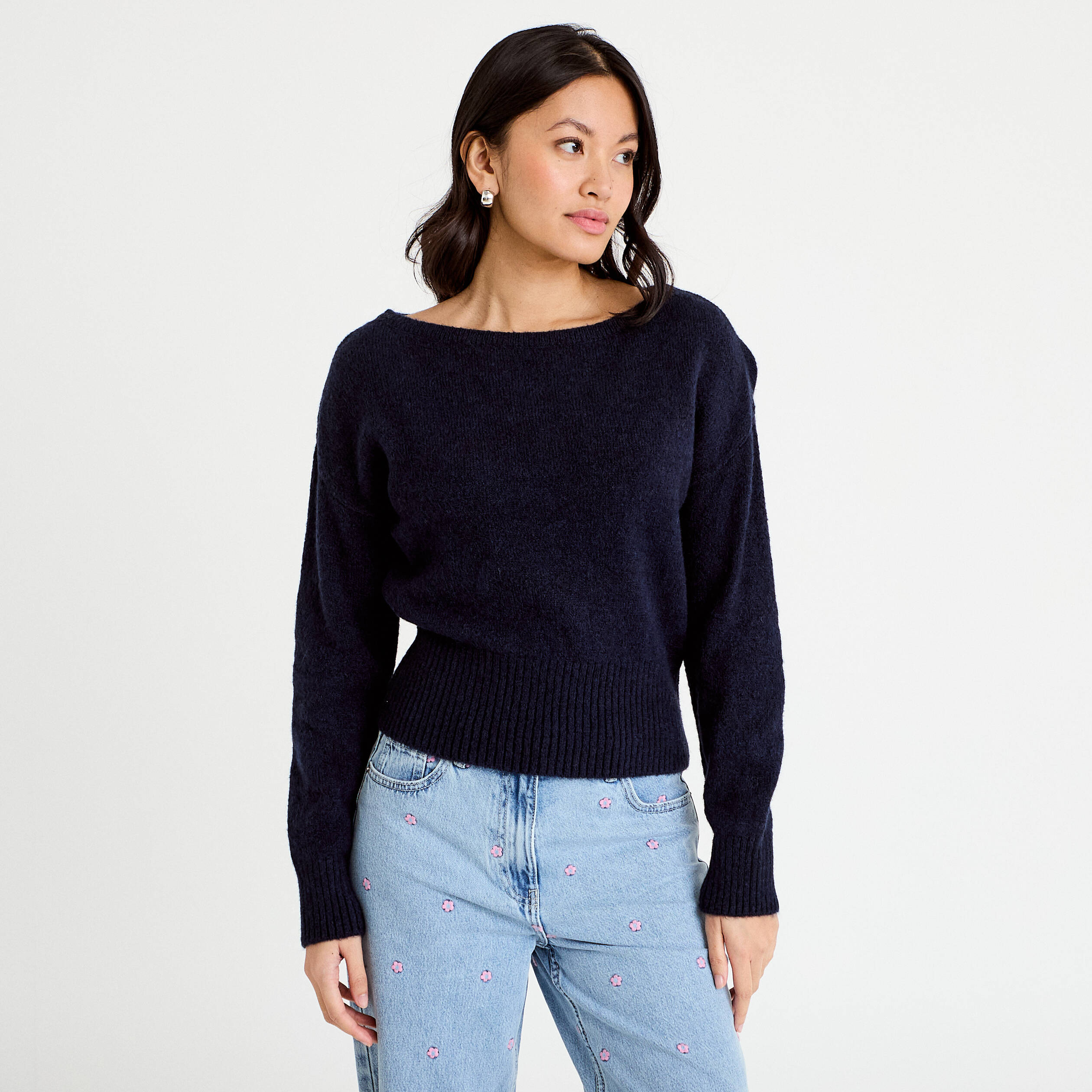 Pull col bateau bleu marine femme