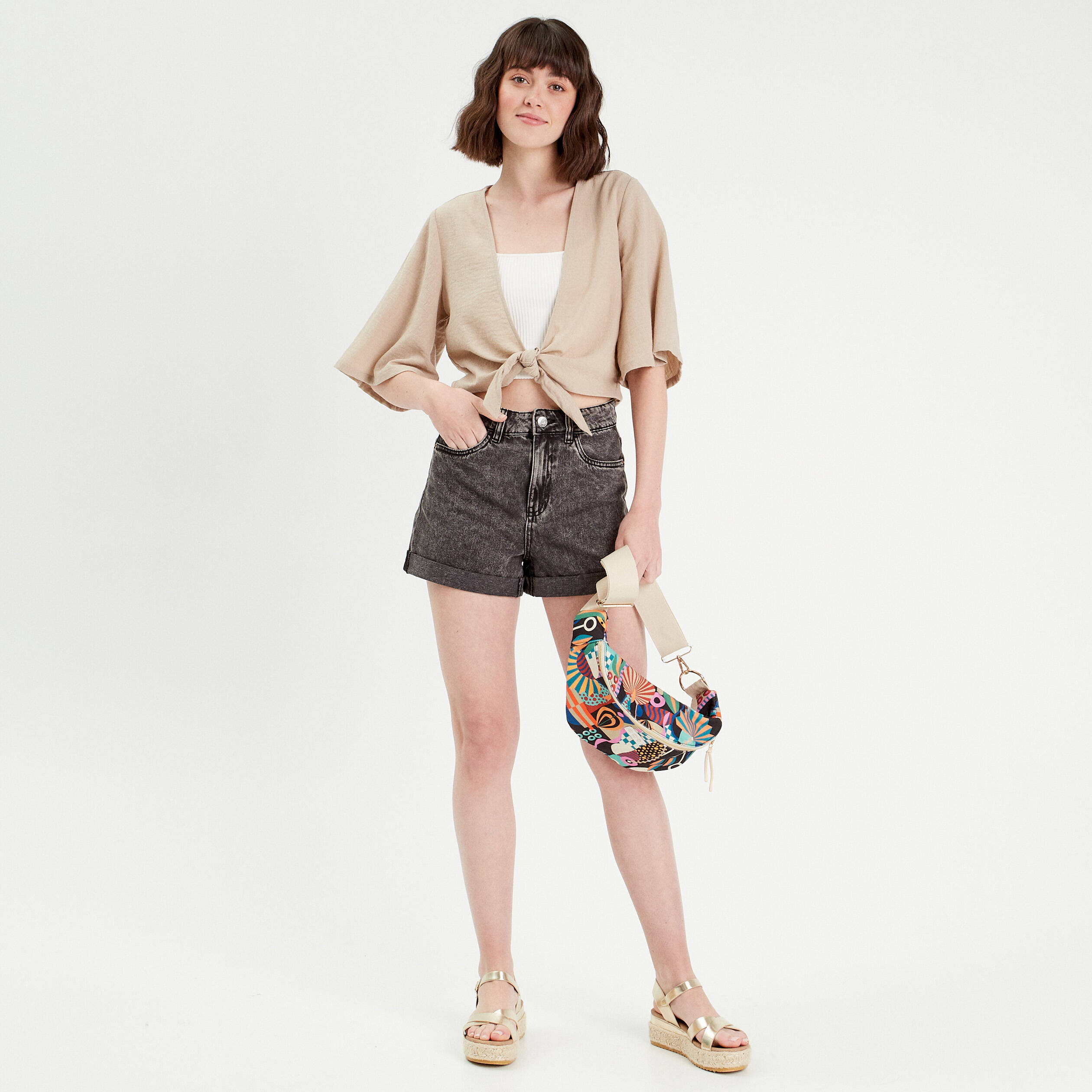 Blouse manches 3/4 nou&eacute;e beige femme