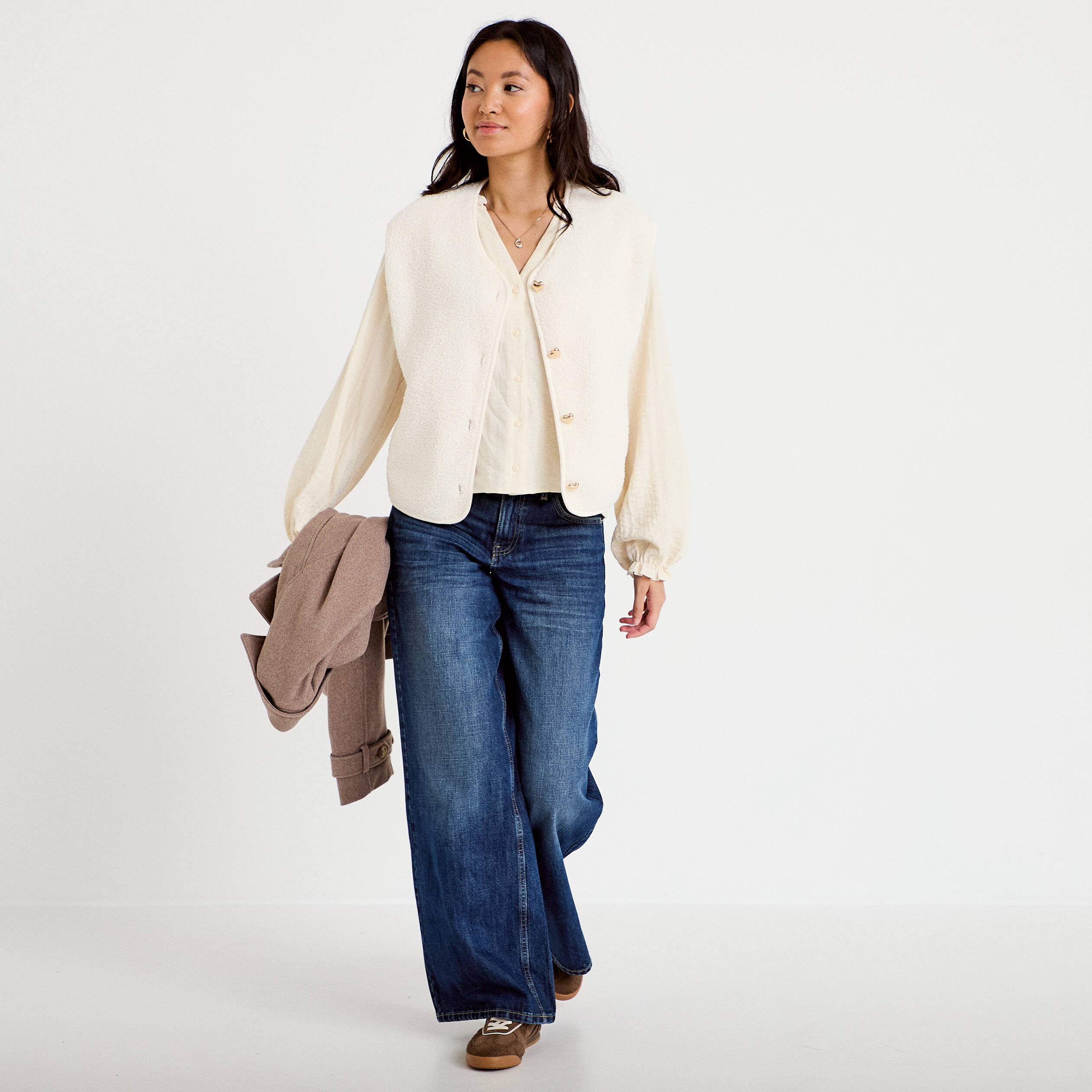 Gilet sans manches effet polaire ecru femme