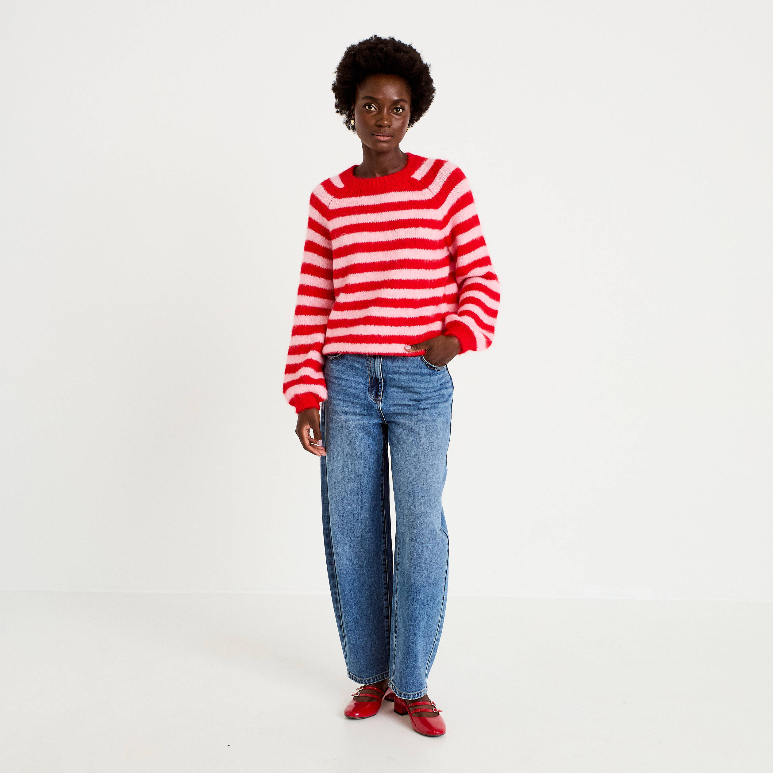 Pull ample col rond manches longues rouge femme