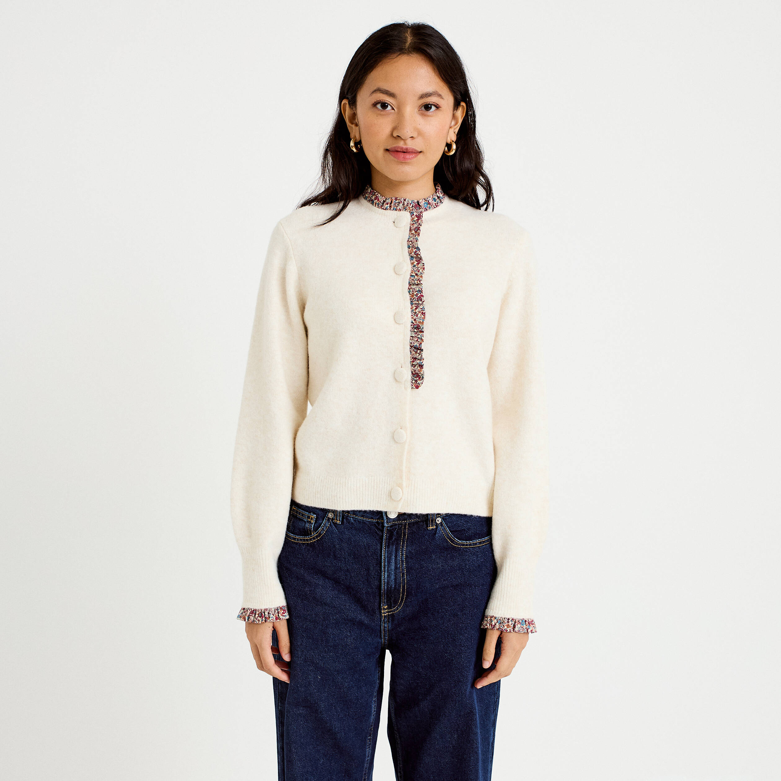 Gilet col rond manches longues ecru femme