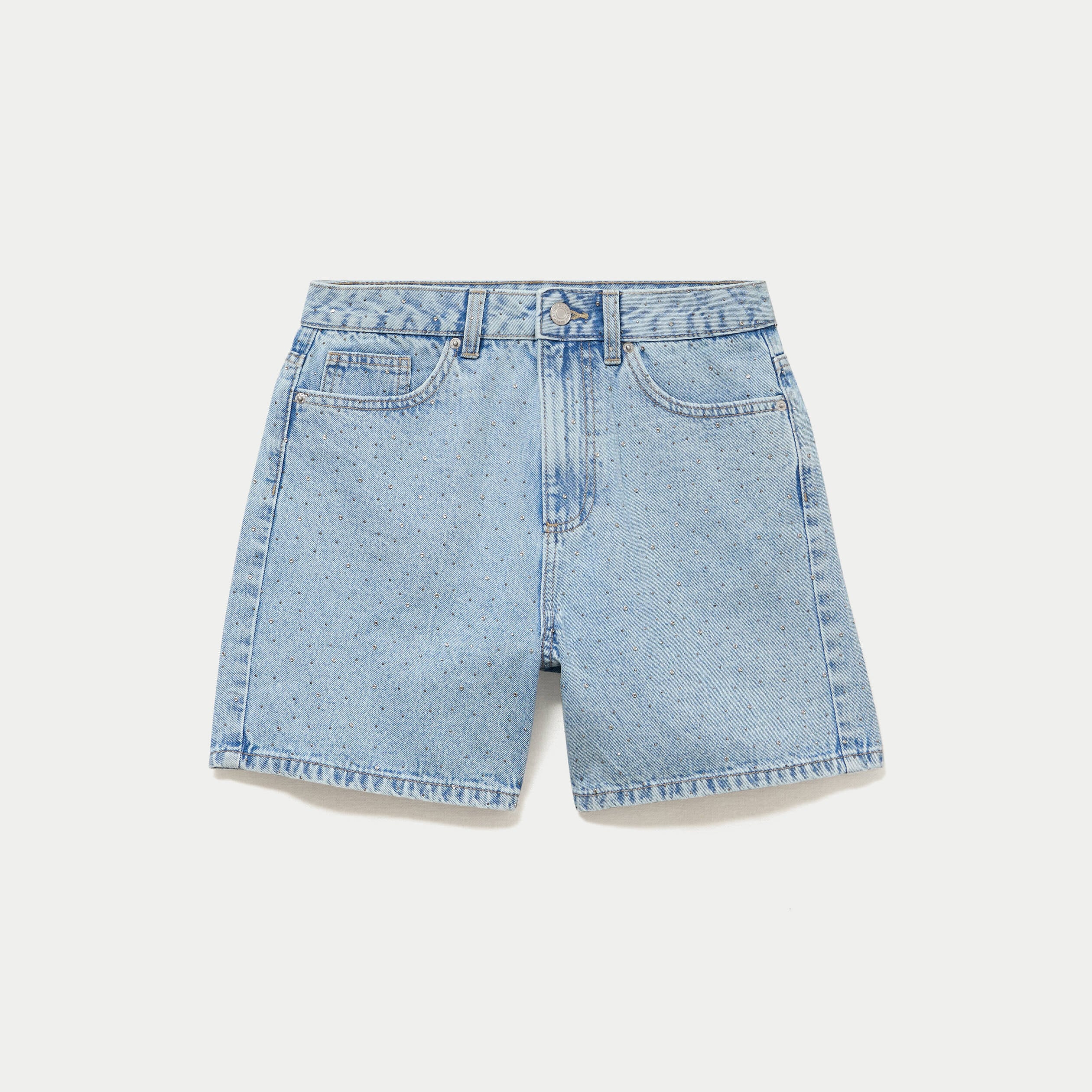 Short mom taille haute en jean strass denim triple stone femme