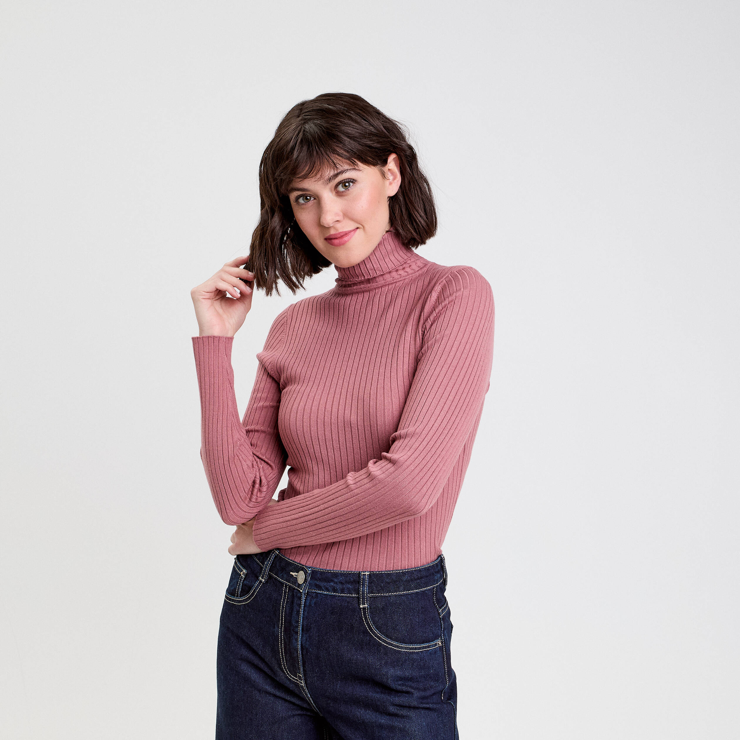 Pull côtelé col roulé vieux rose femme Vibs