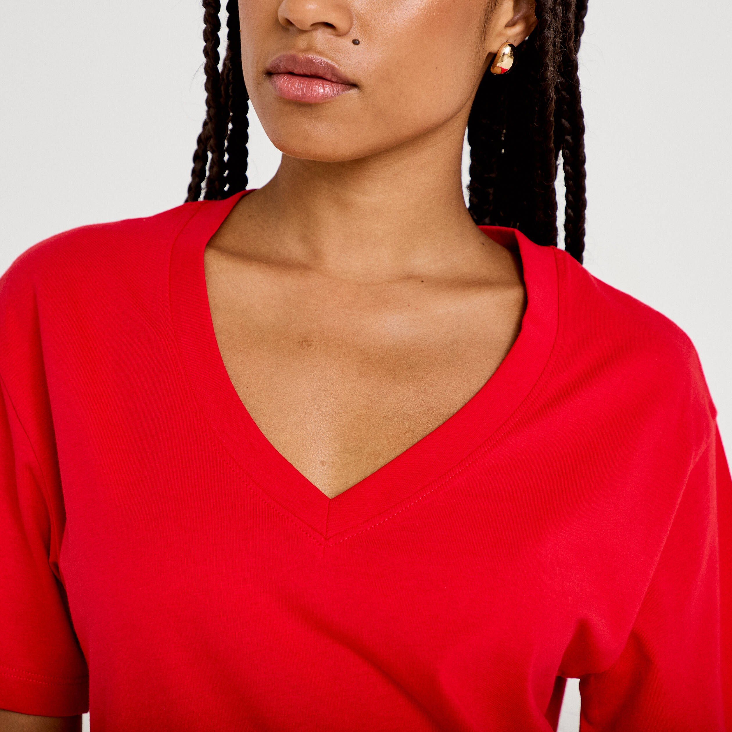 T-shirt col v manches courtes rouge femme