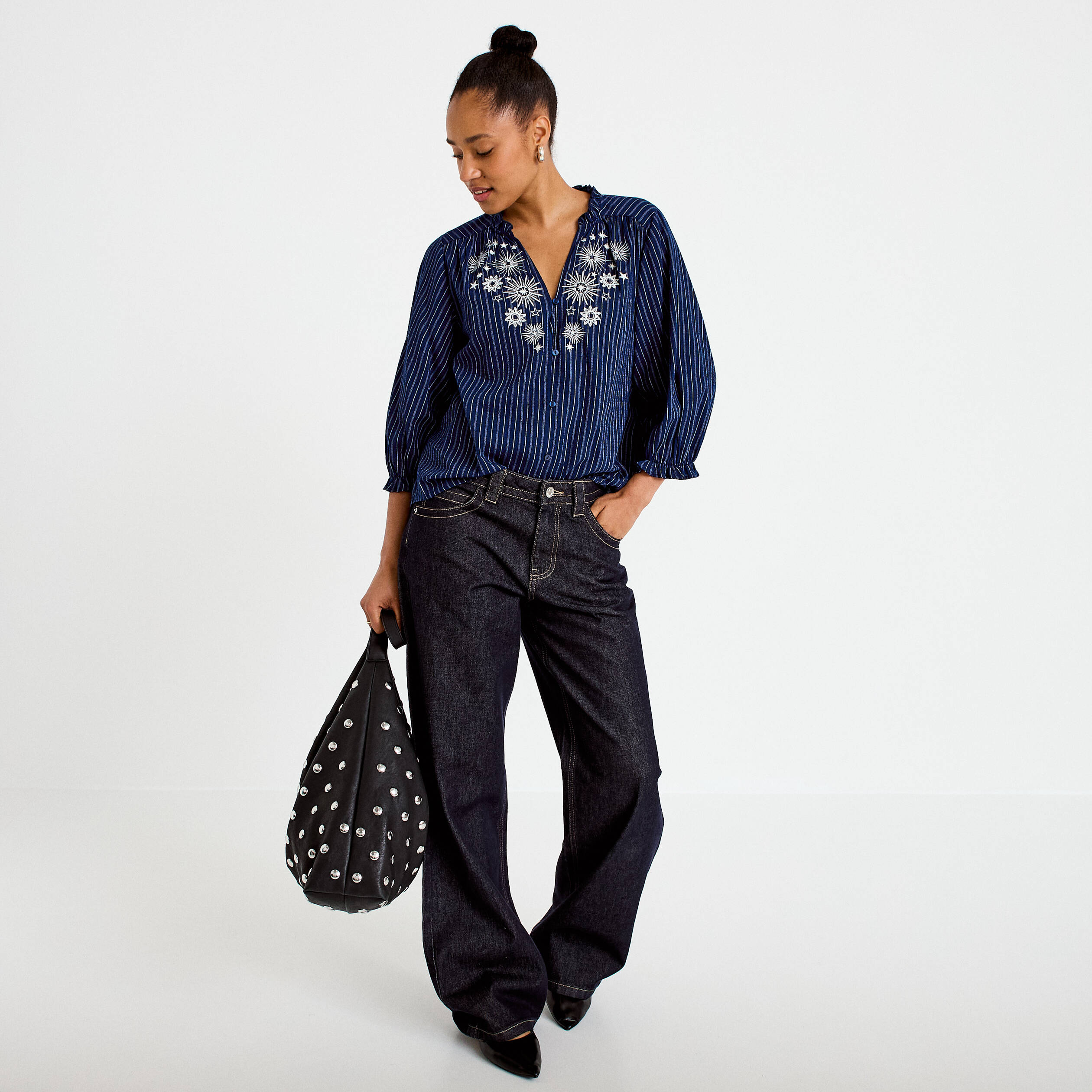 Blouse ample broderie manches 3/4 bleu femme