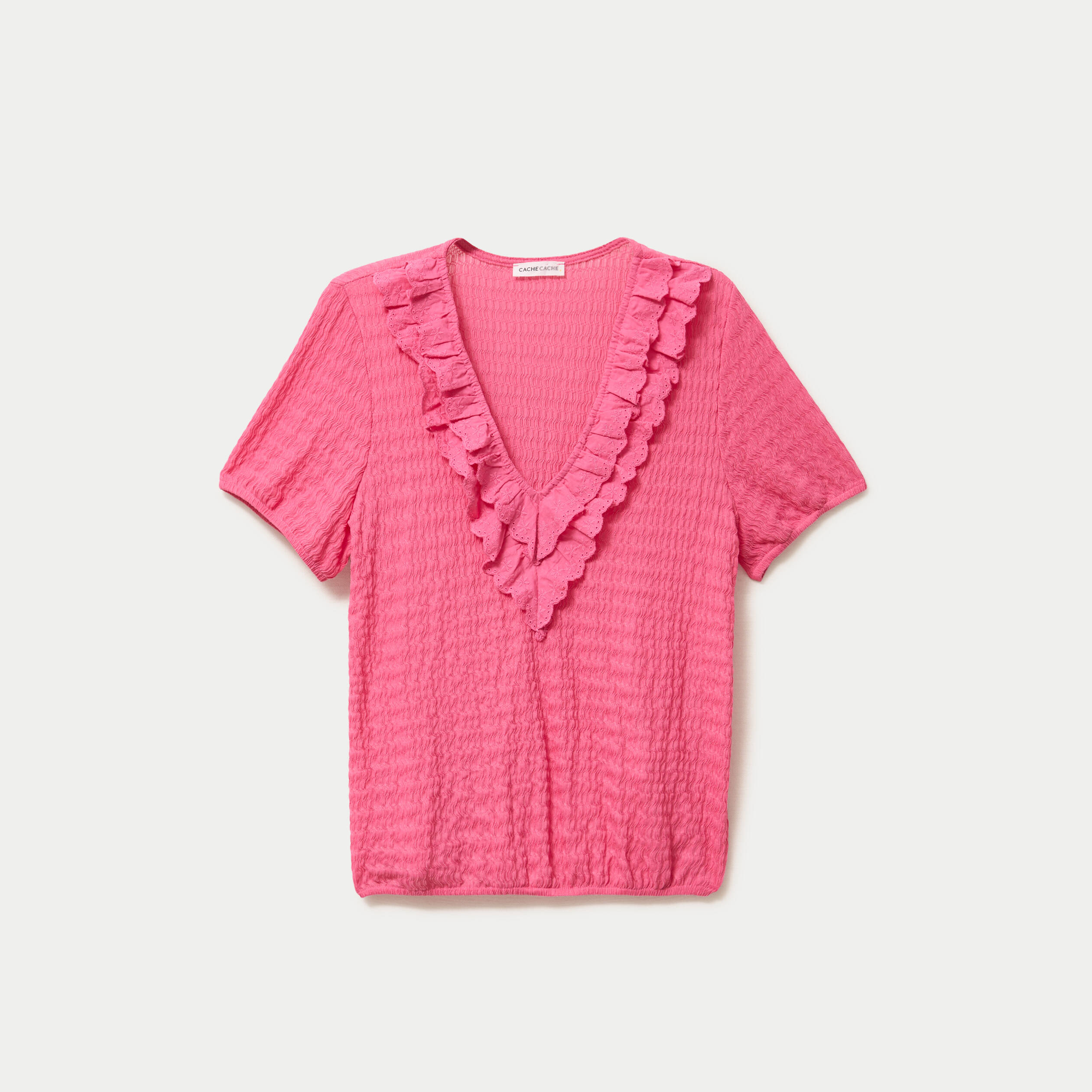 Blouse pliss&eacute;e col v manches courtes rose fushia femme