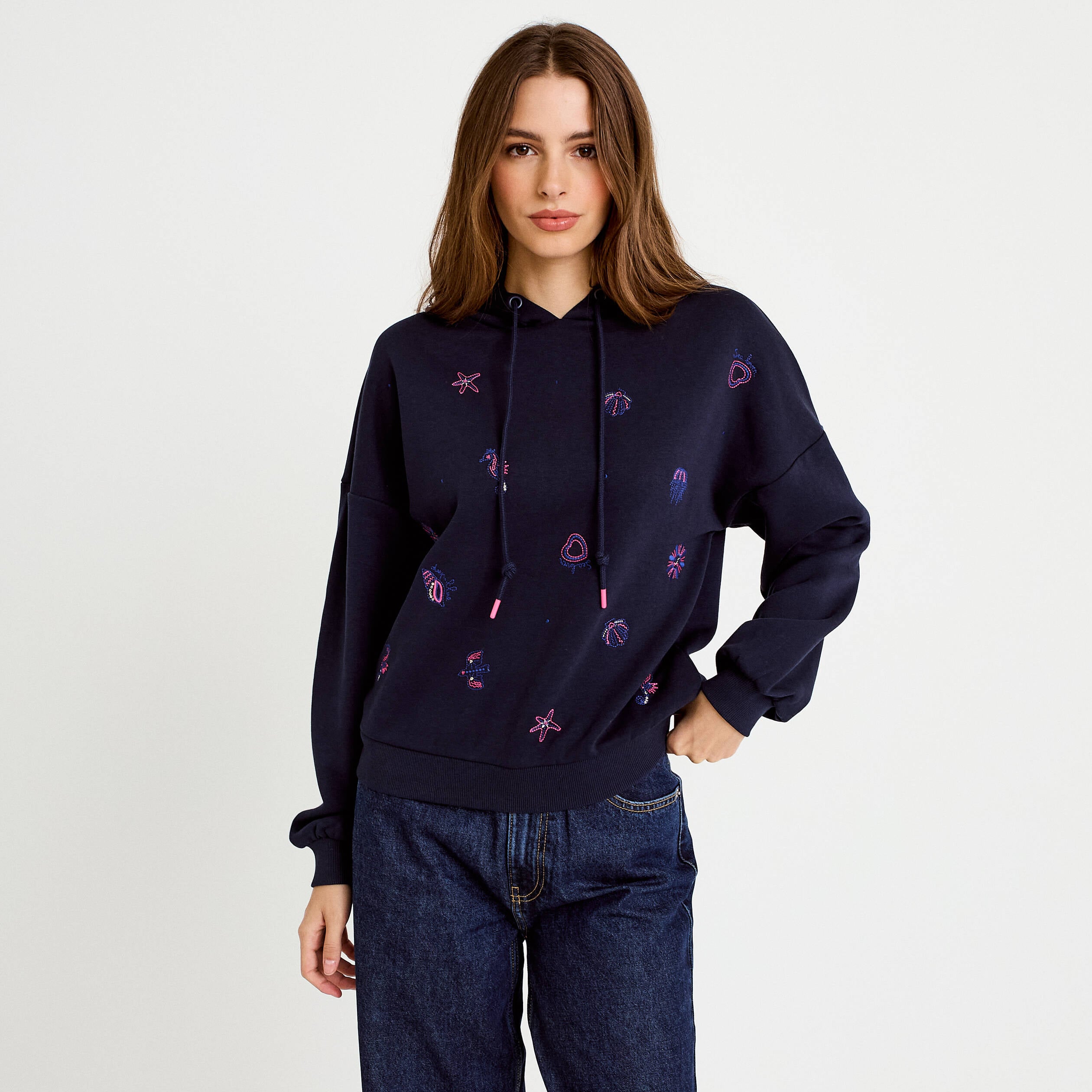 Sweat &agrave; capuche brod&eacute; manches longues bleu femme