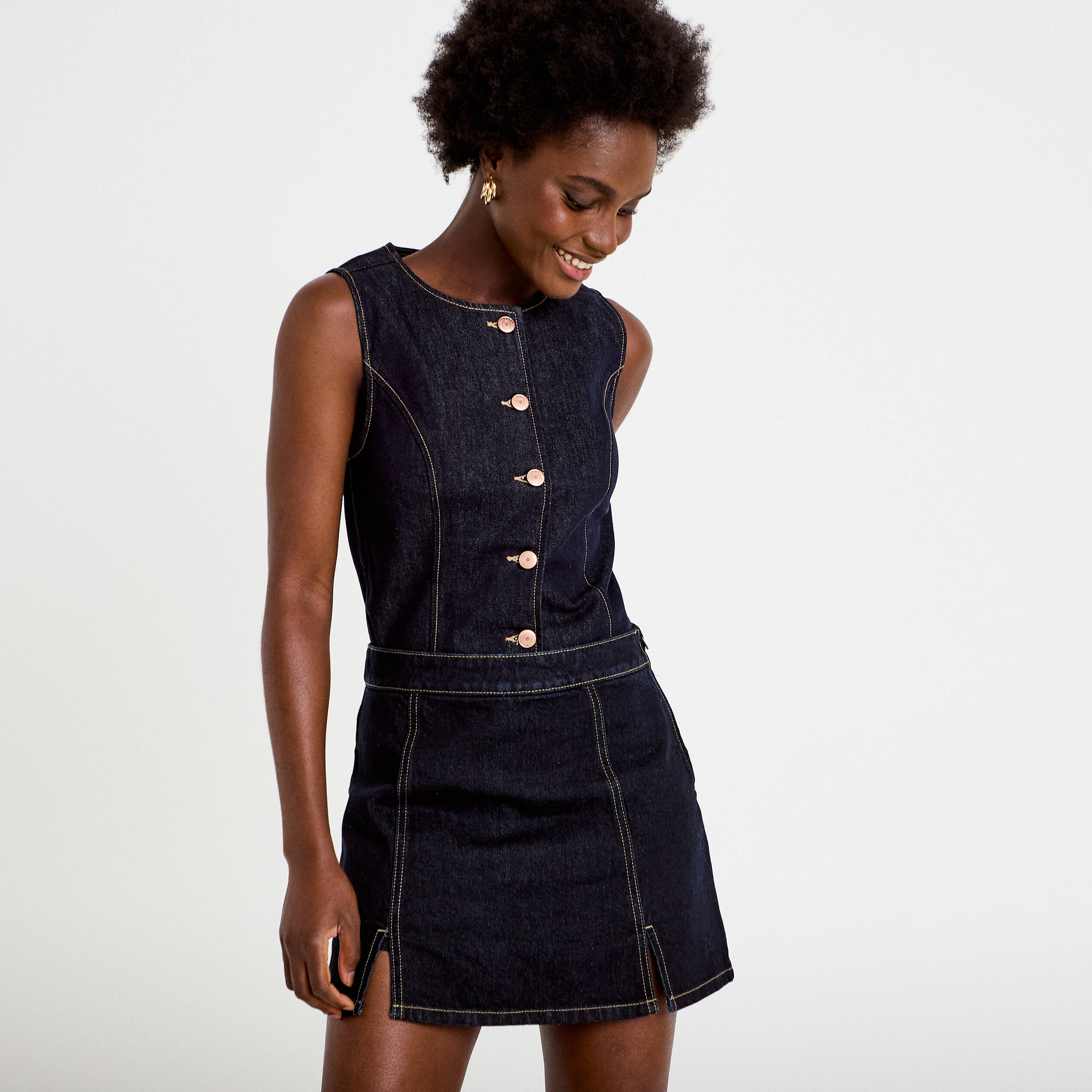 Jupe-short trap&egrave;ze en jean denim brut femme