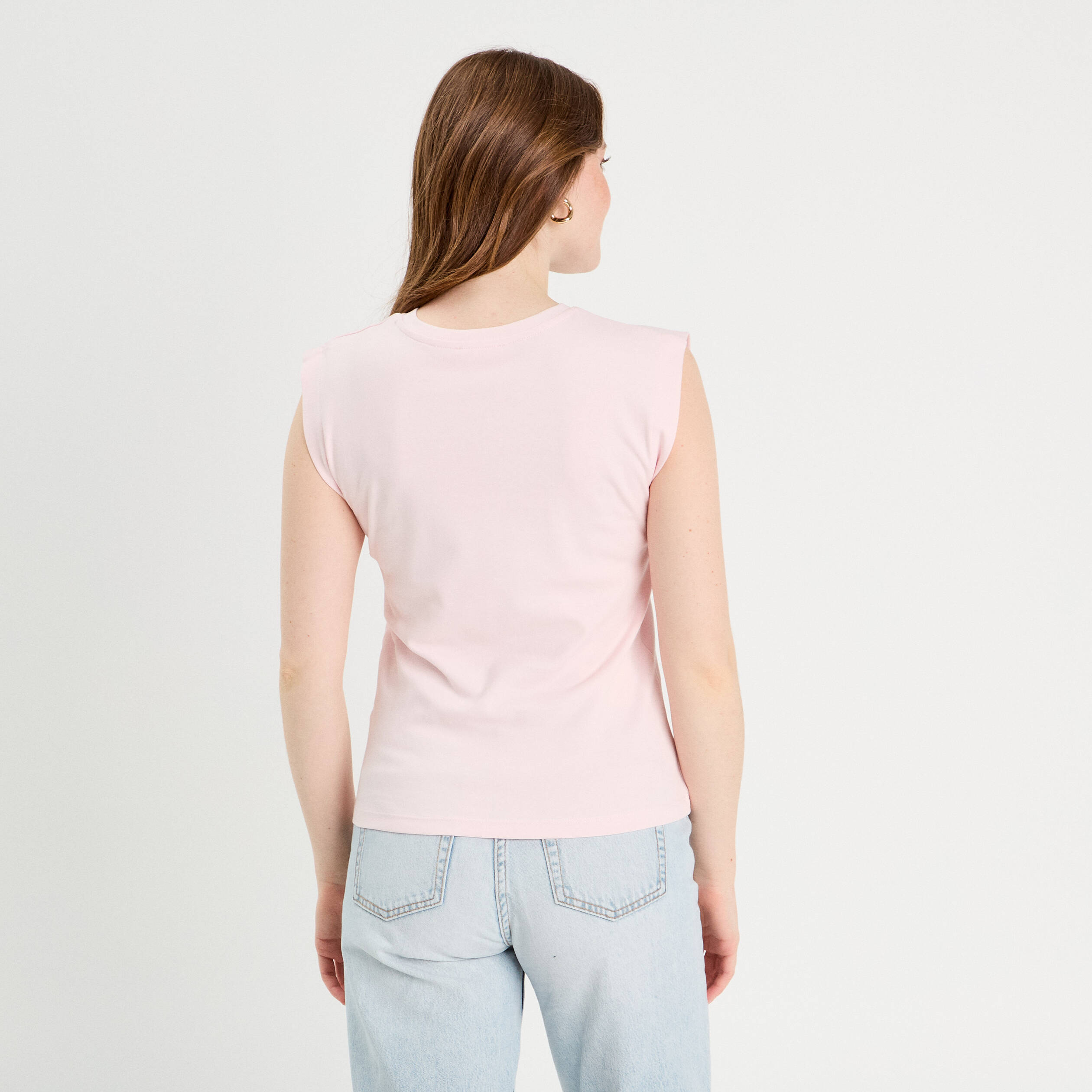T-shirt col rond sans manches rose clair femme