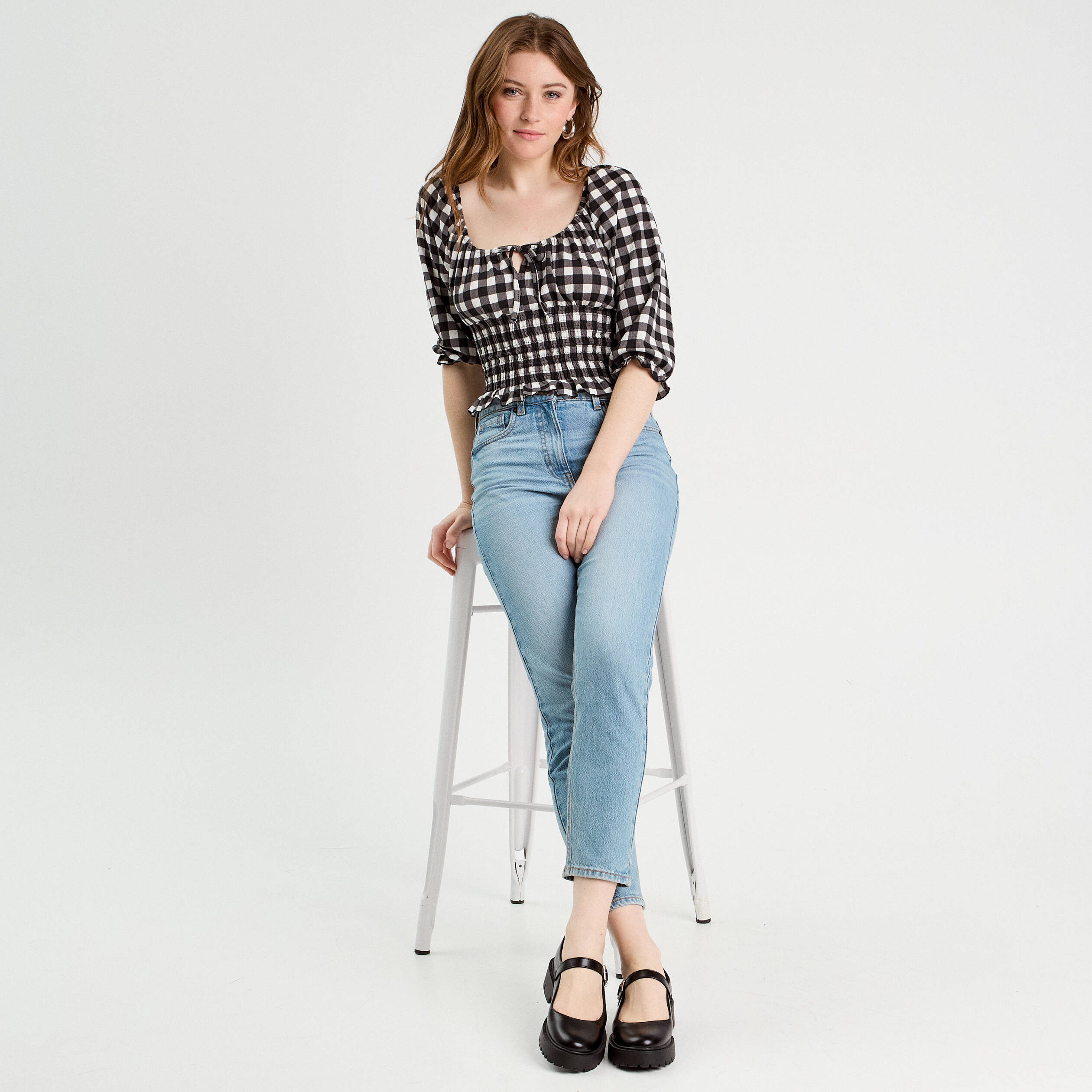 Blouse smock&eacute;e manches 3/4 blanc femme