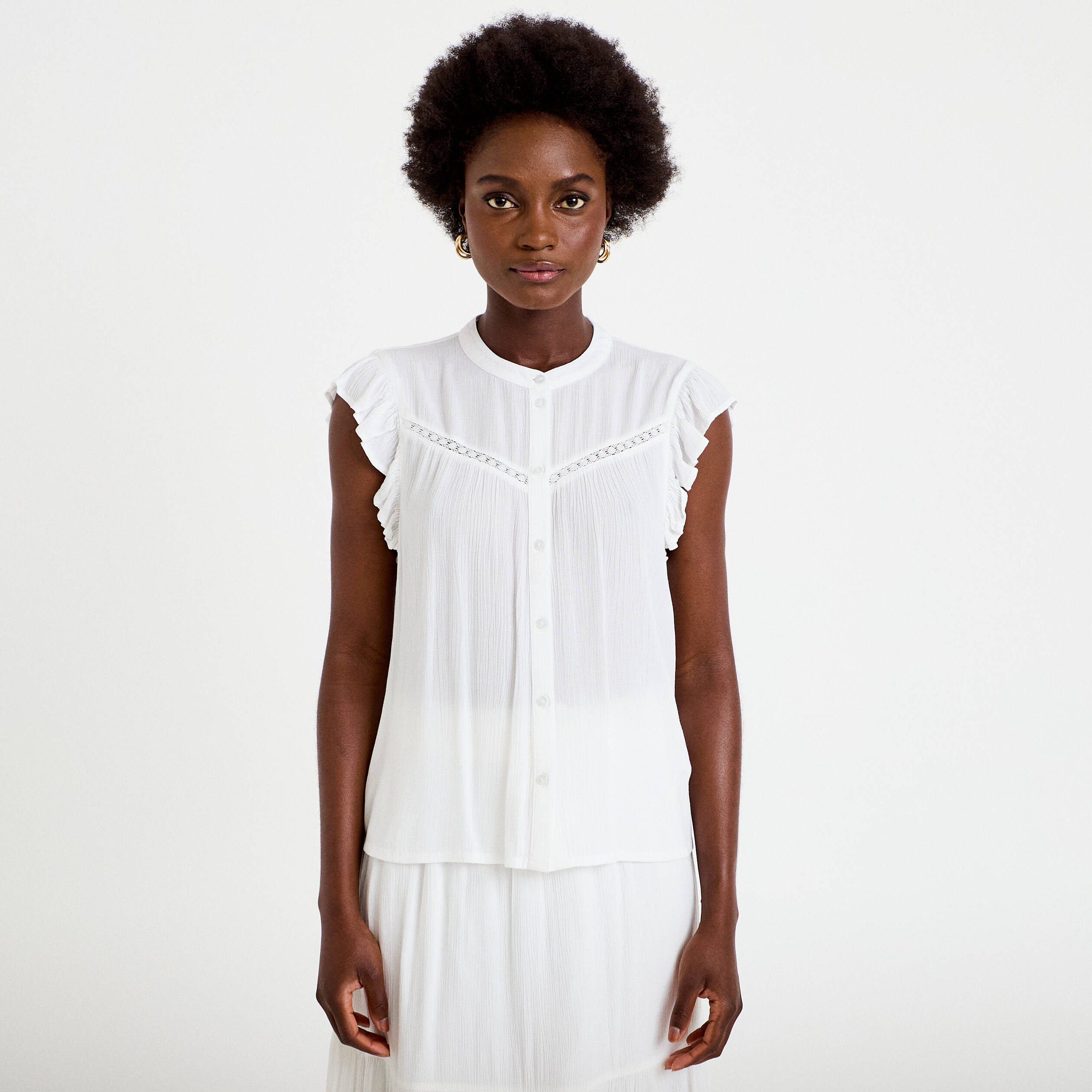 Top ample sans manches col carr&eacute; blanc femme
