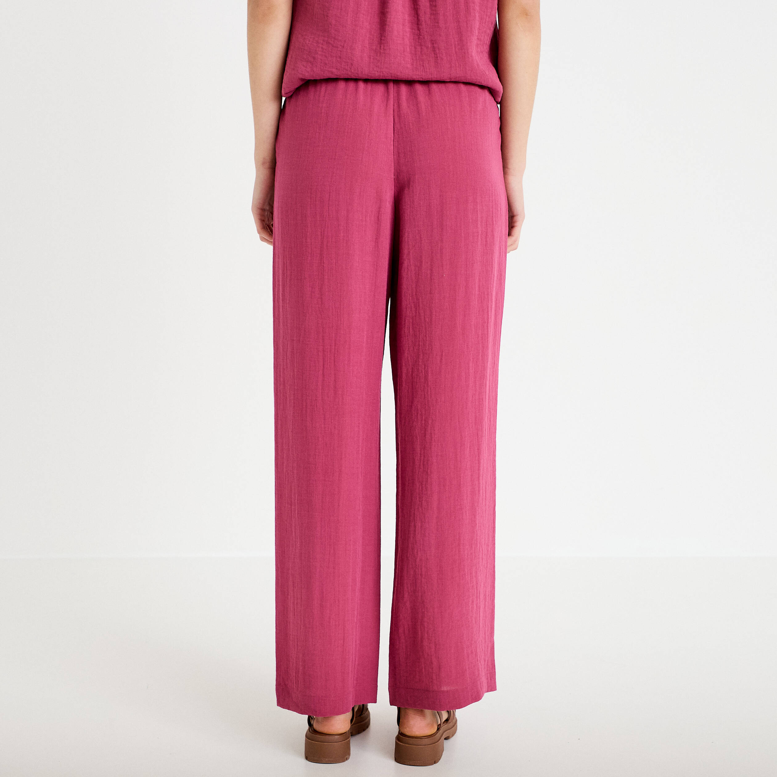 Pantalon large taille haute en cr&ecirc;pe prune femme