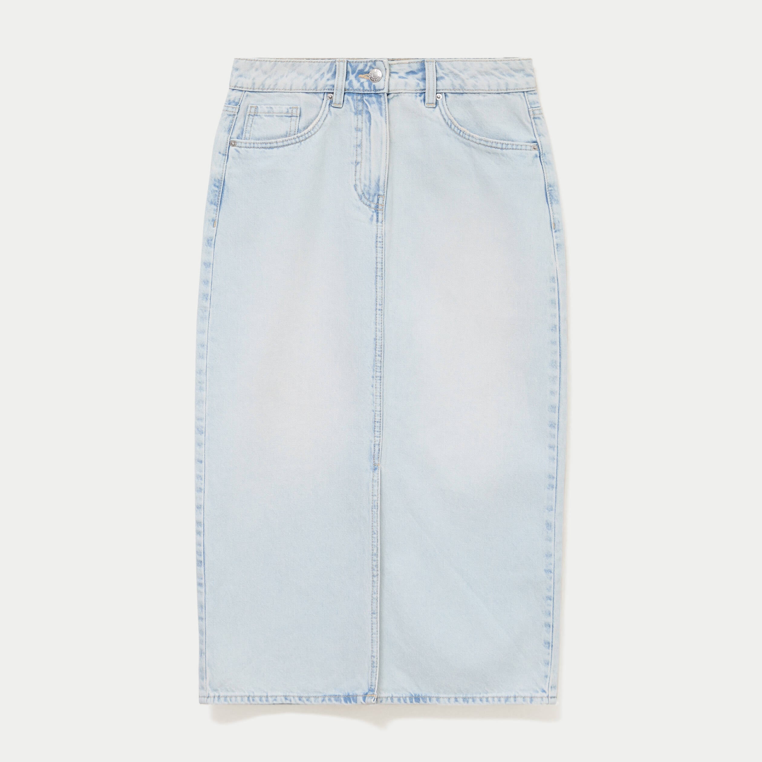 Jupe droite midi en jean 5 poches denim bleach femme