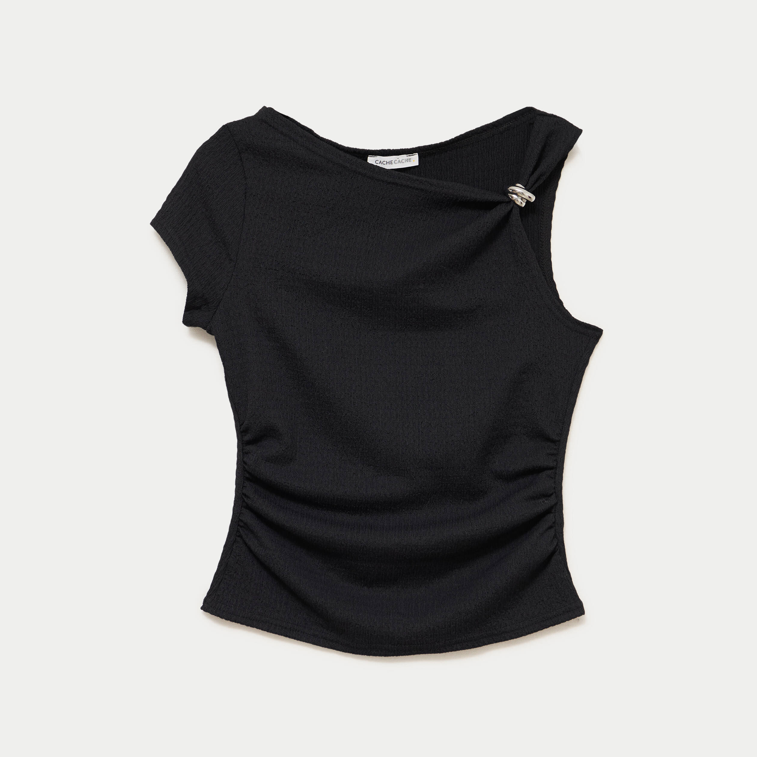Top asym&eacute;trique d&eacute;tail bijou noir femme