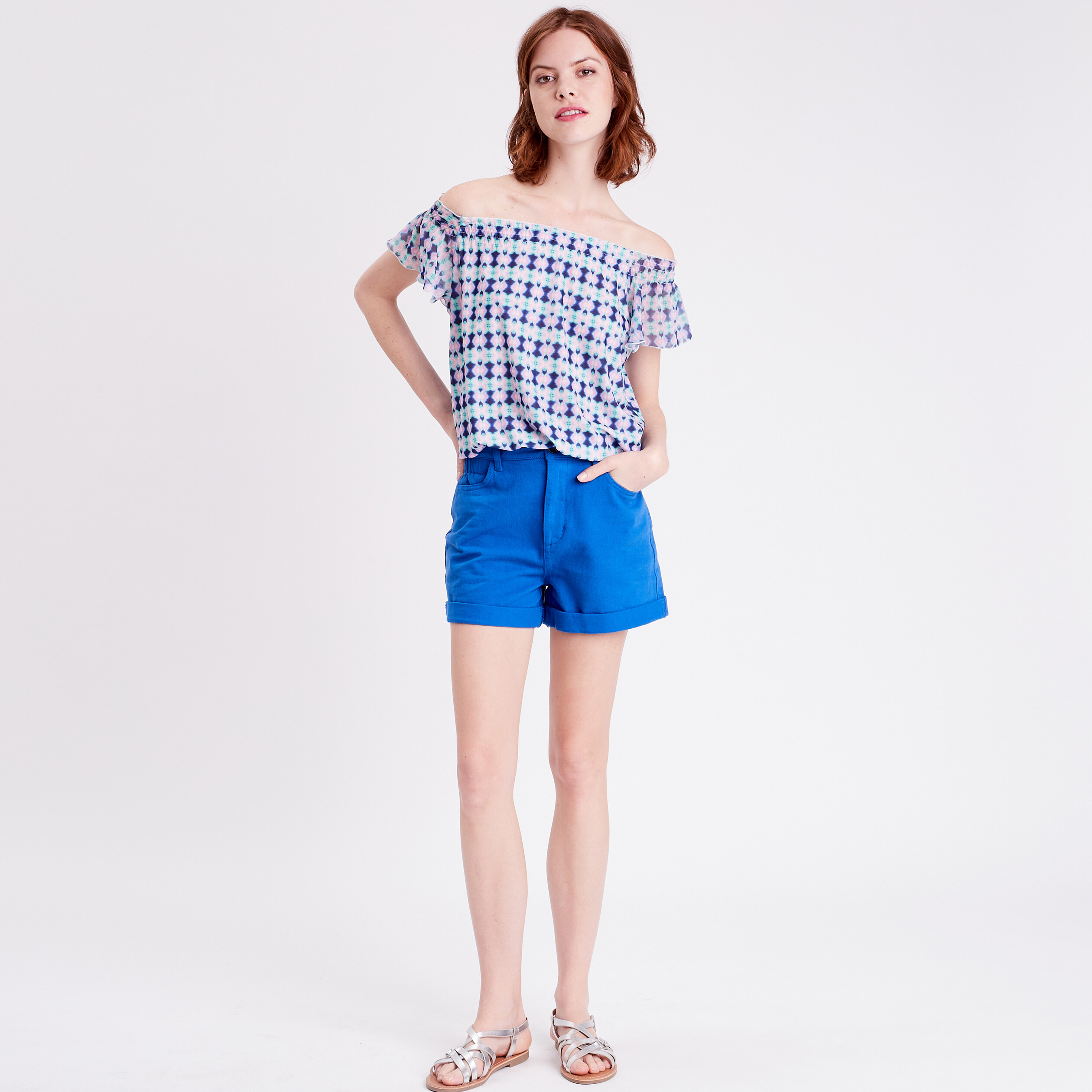 t shirt manches courtes smocke bleu fonce femme T-shirt manches courtes smocké bleu foncé femme