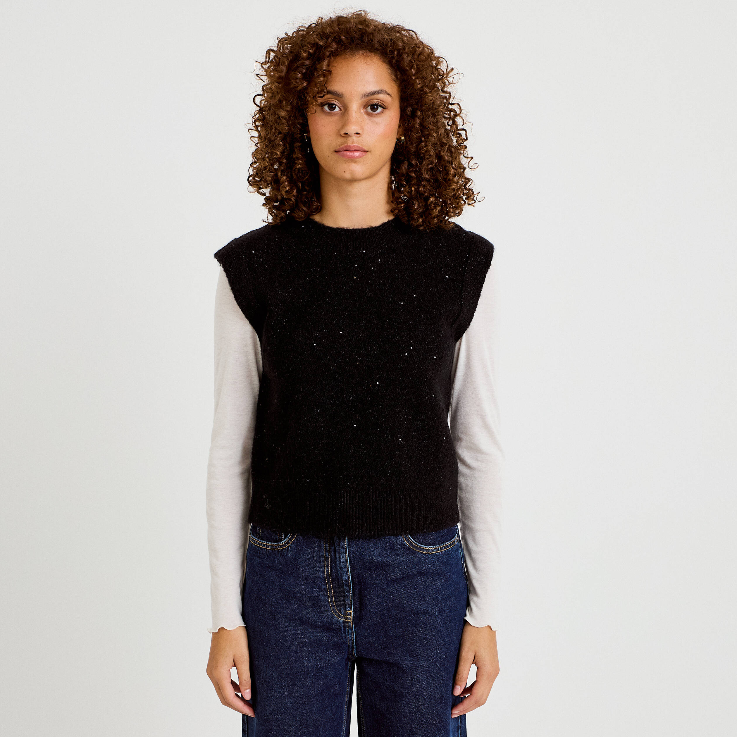 D&eacute;bardeur col rond avec sequin noir femme