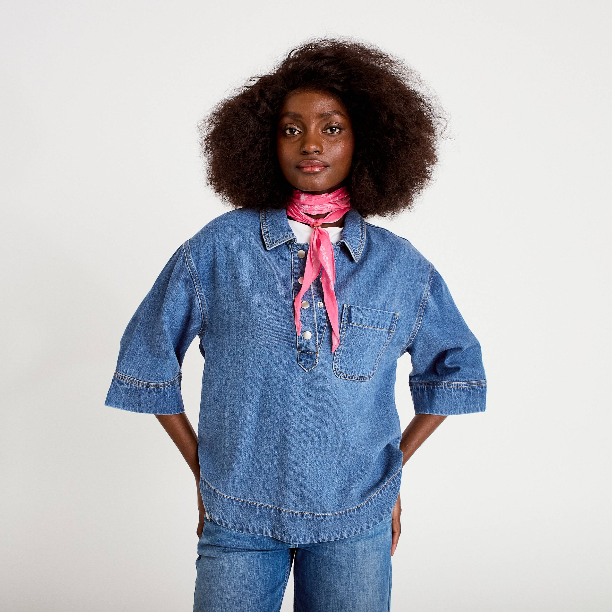 Vareuse jean col classique manches 3/4 denim double stone femme