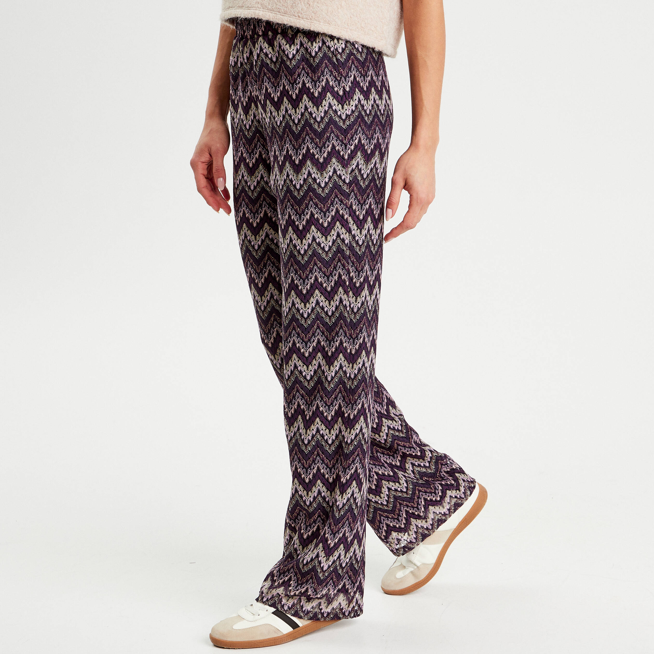 Pantalon large ajour&eacute; violet femme