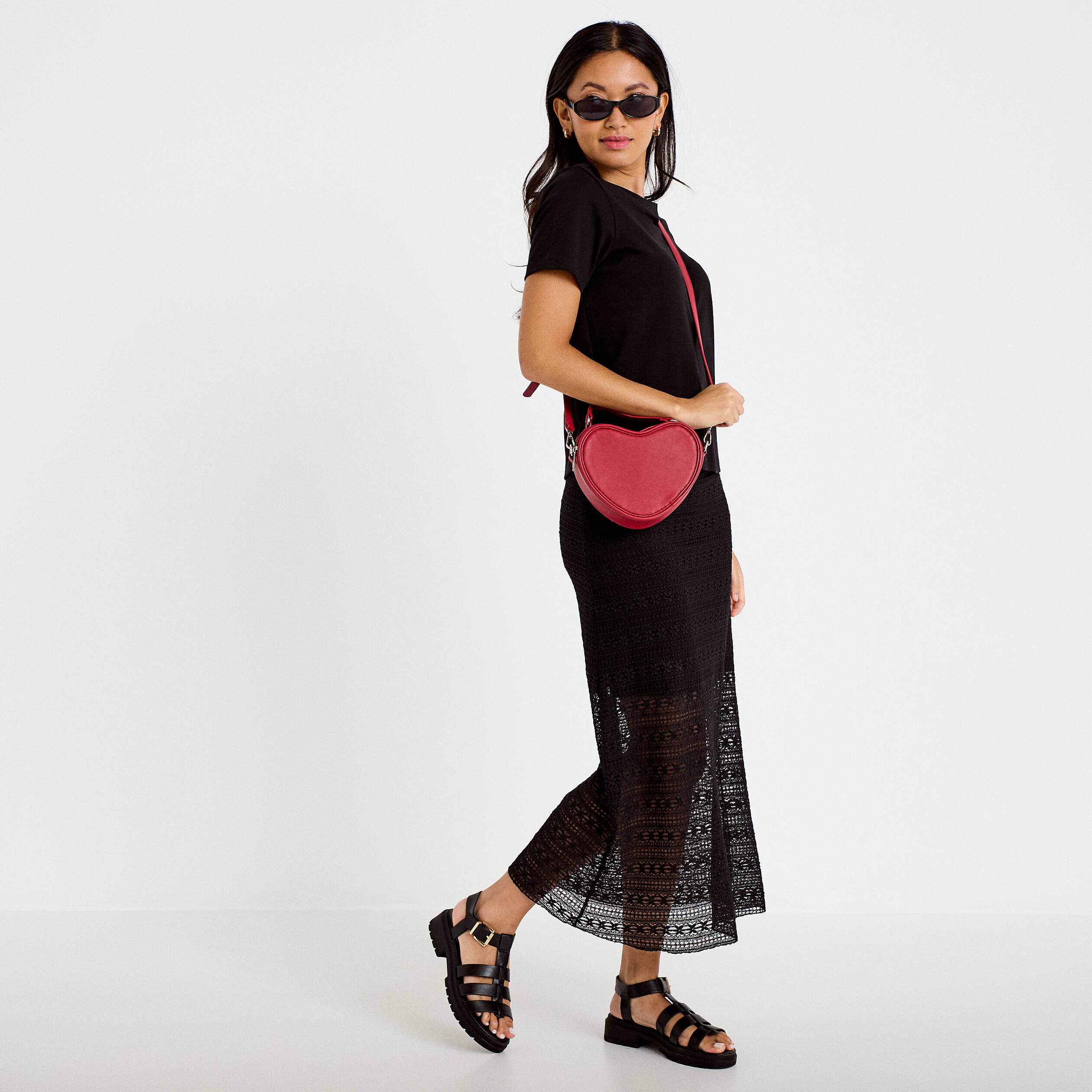 Jupe longue droite en dentelle noir femme