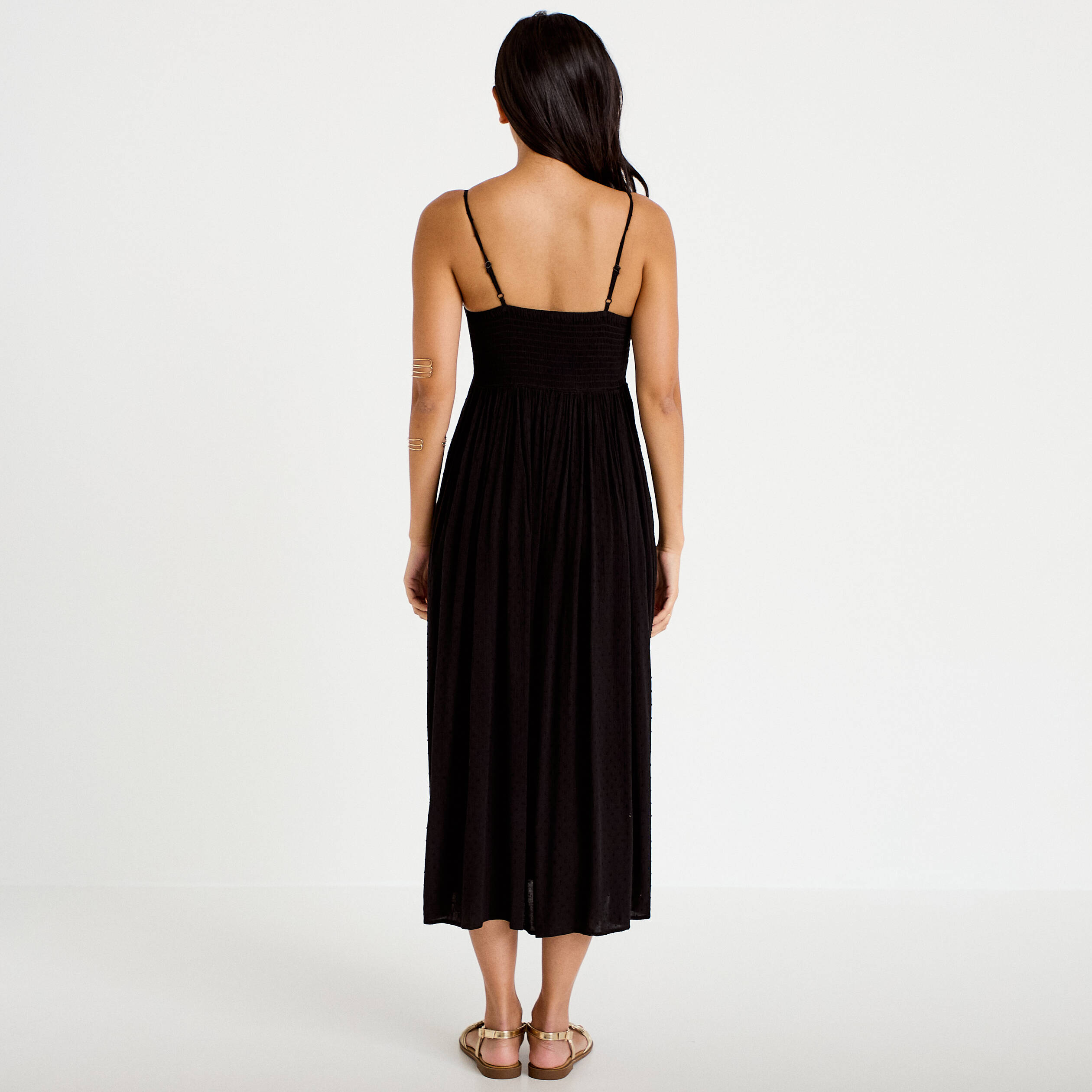 Robe longue bi-mati&egrave;re col v noir femme
