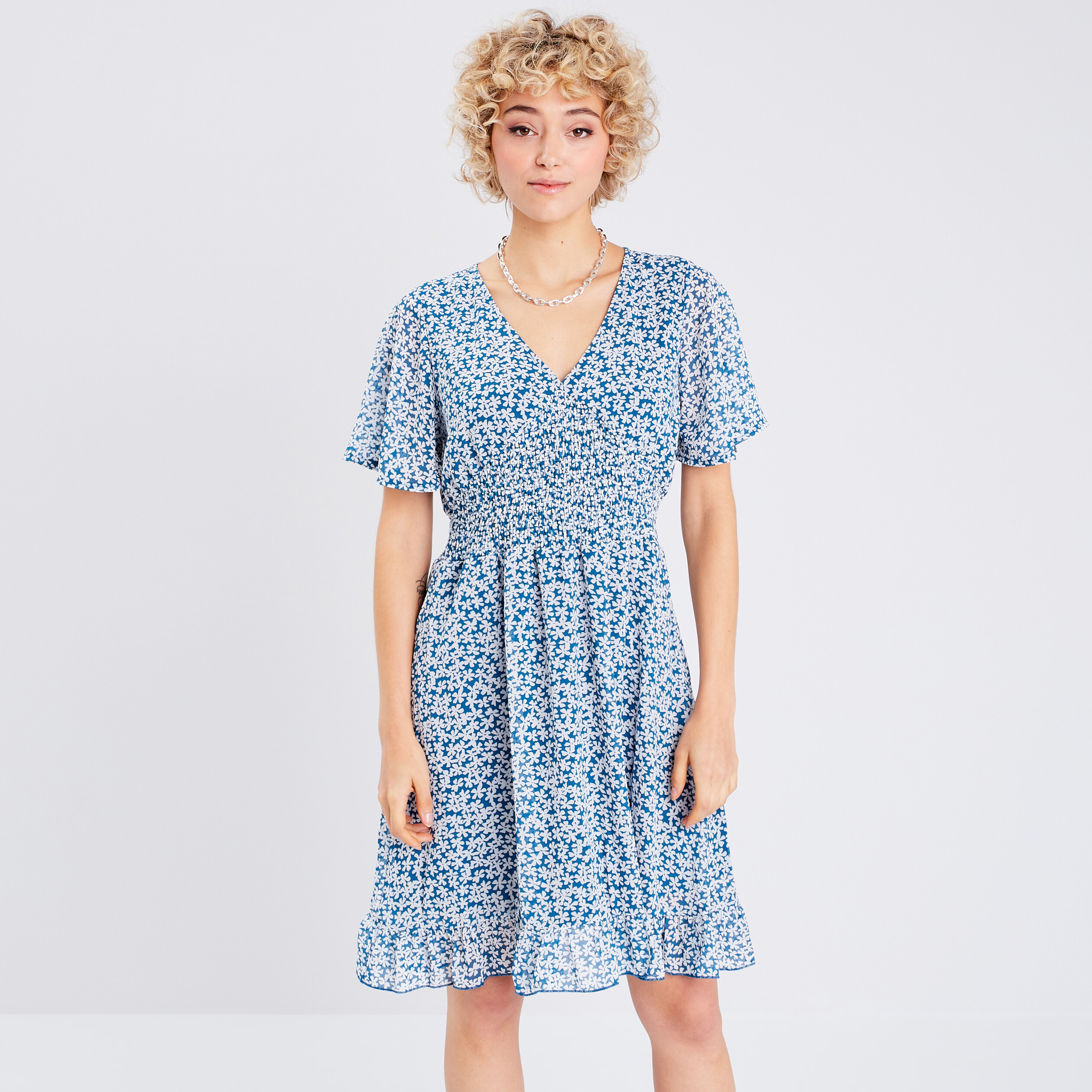 Robe &eacute;vas&eacute;e manches courtes bleu marine femme
