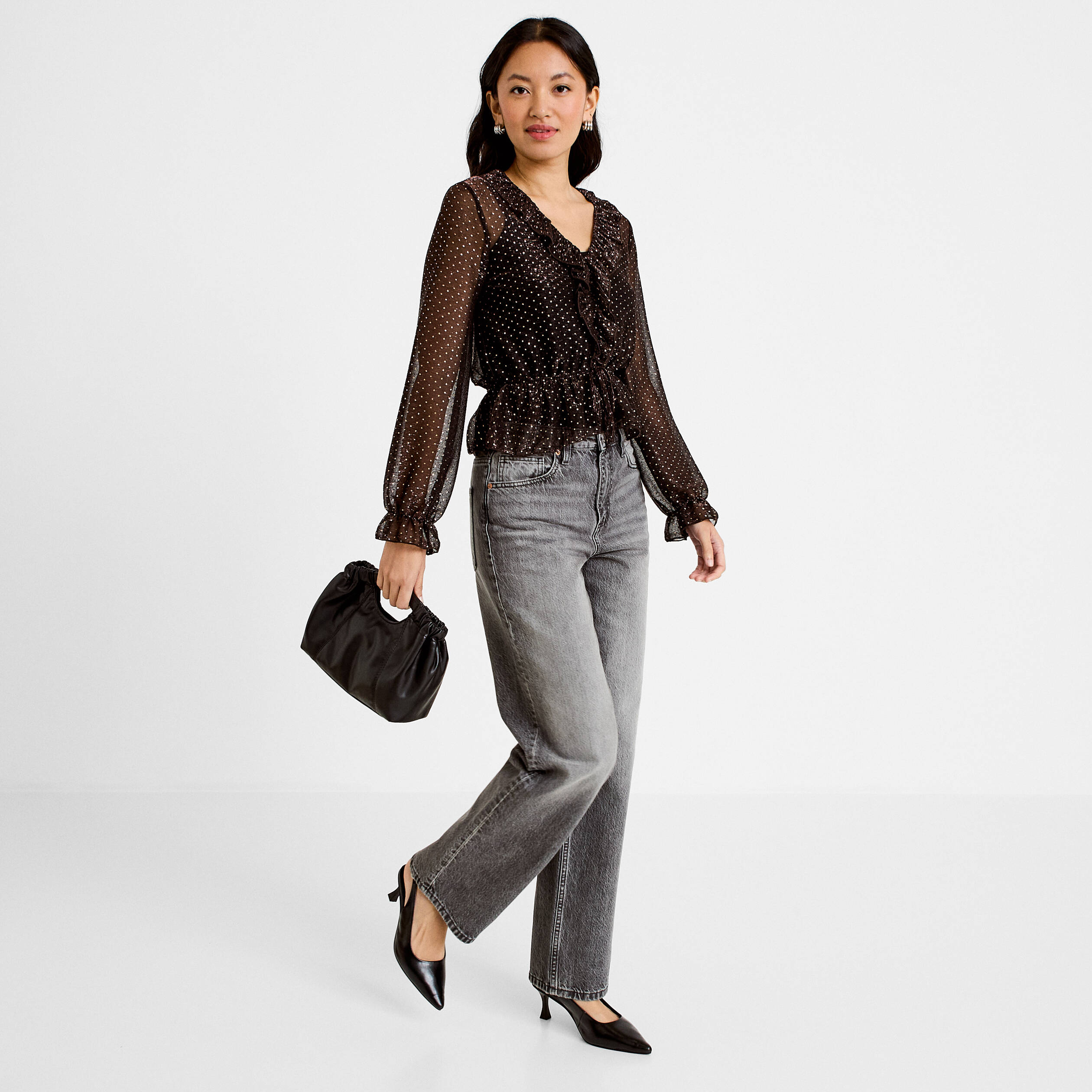 Blouse d&eacute;collet&eacute; manches longues marron fonc&eacute; femme
