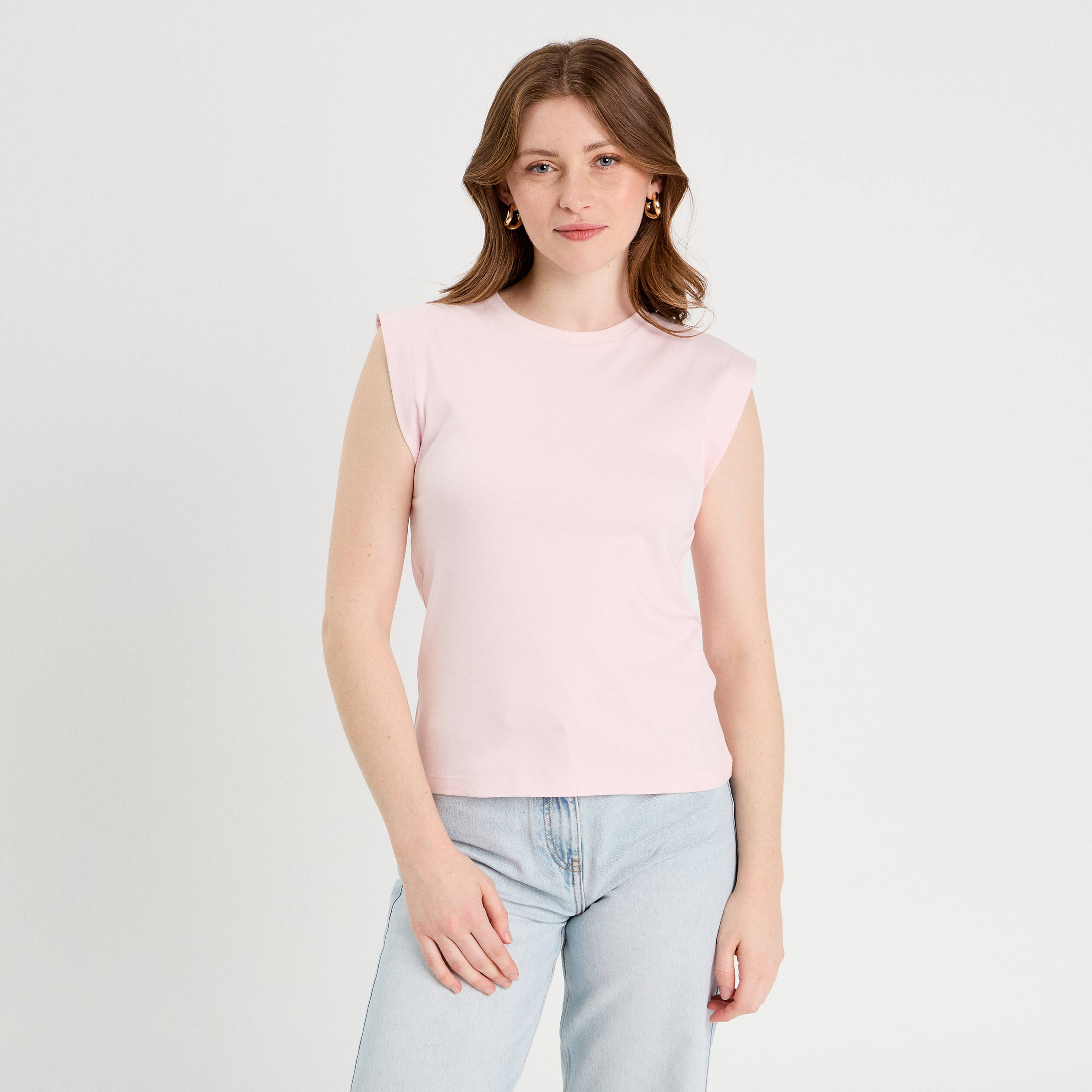 T-shirt col rond sans manches rose clair femme
