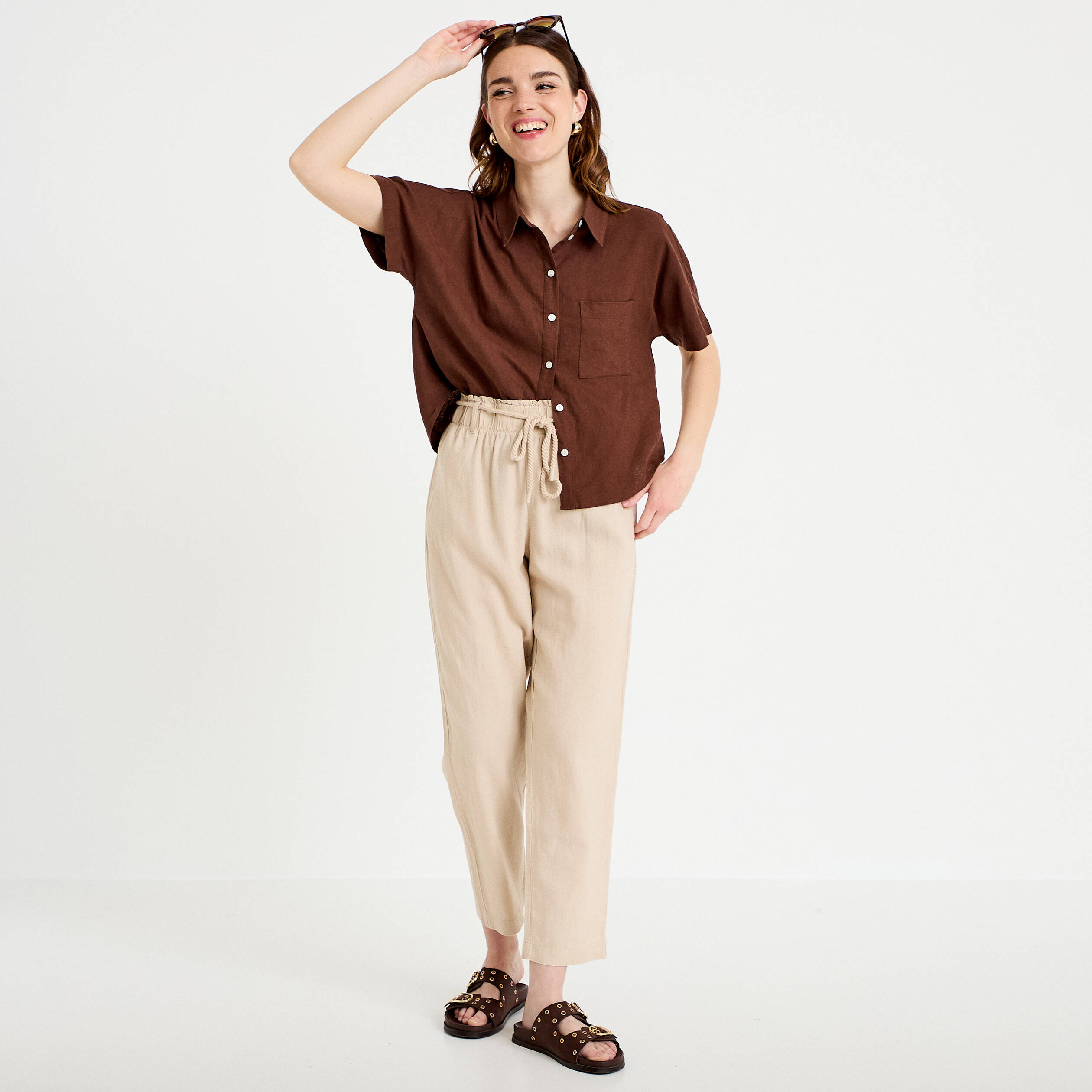 Pantalon droit 7/8&egrave;me taille haute sable femme