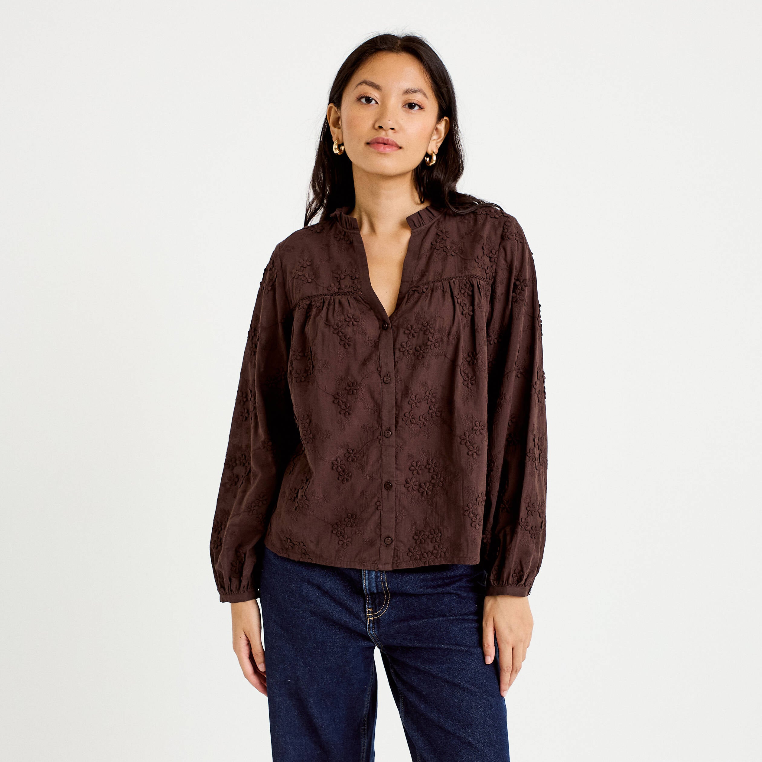 Blouse droite col rond manches longues marron fonc&eacute; femme
