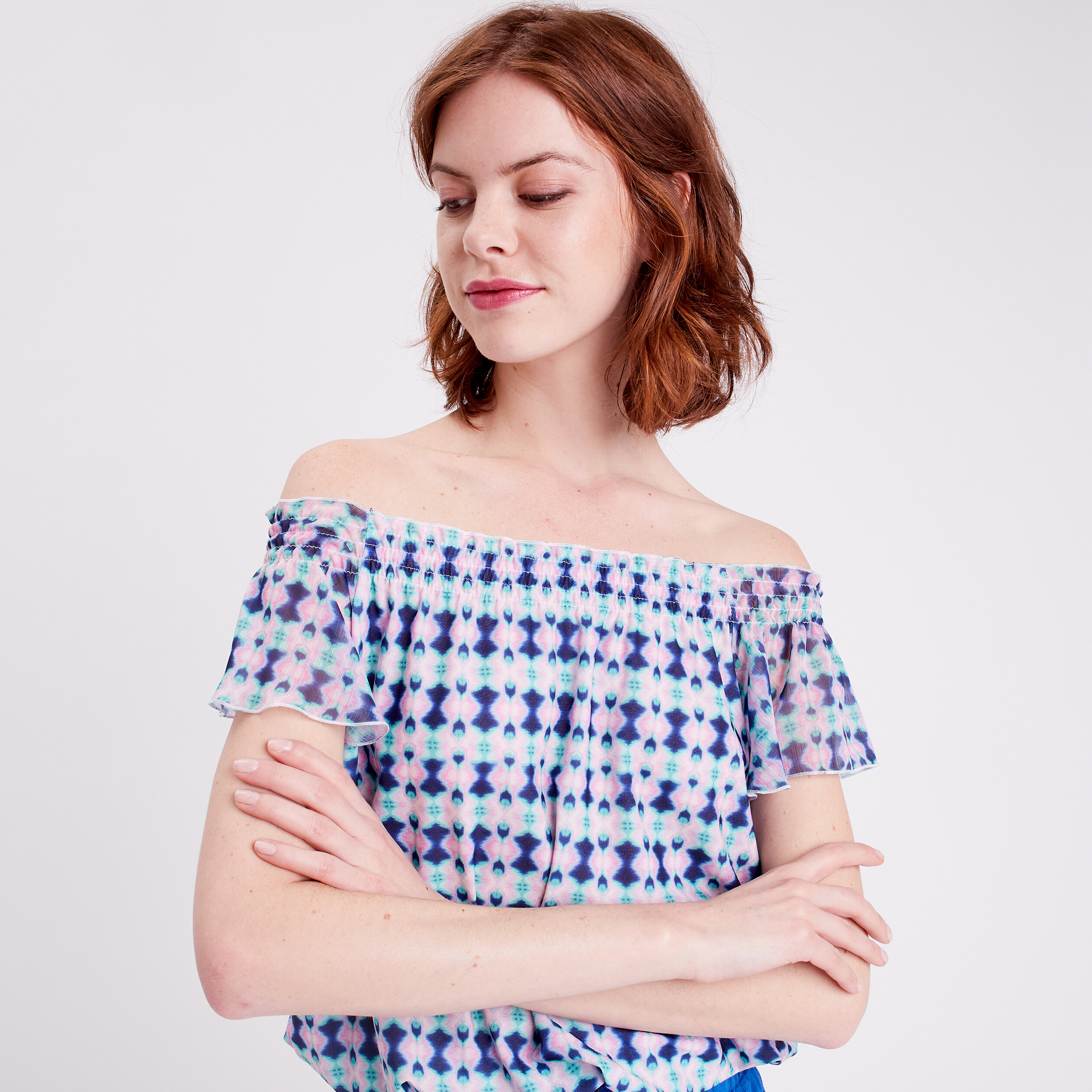 t shirt manches courtes smocke bleu fonce femme T-shirt manches courtes smocké bleu foncé femme