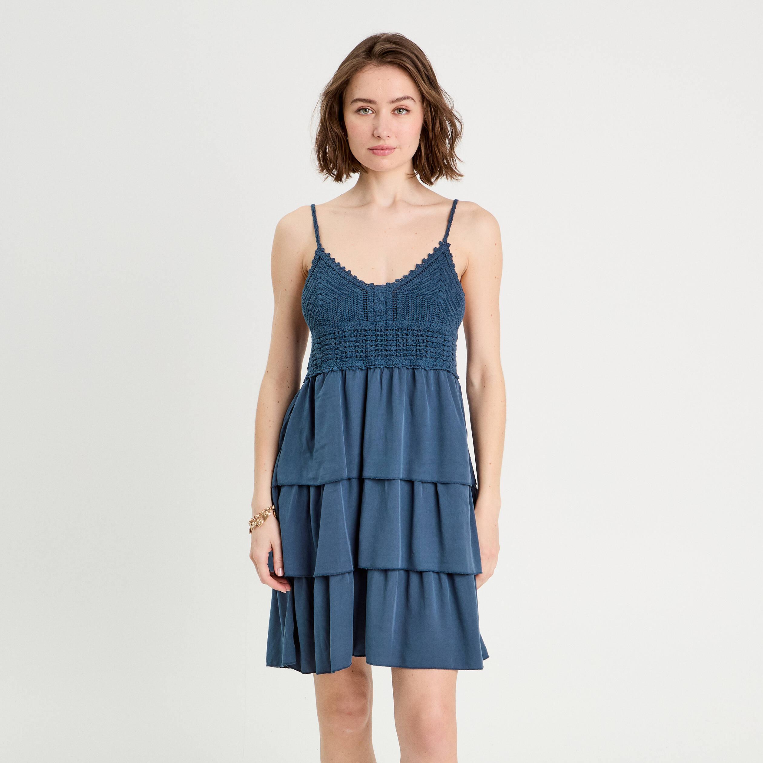 Robe évasée bretelles bleu gris femme