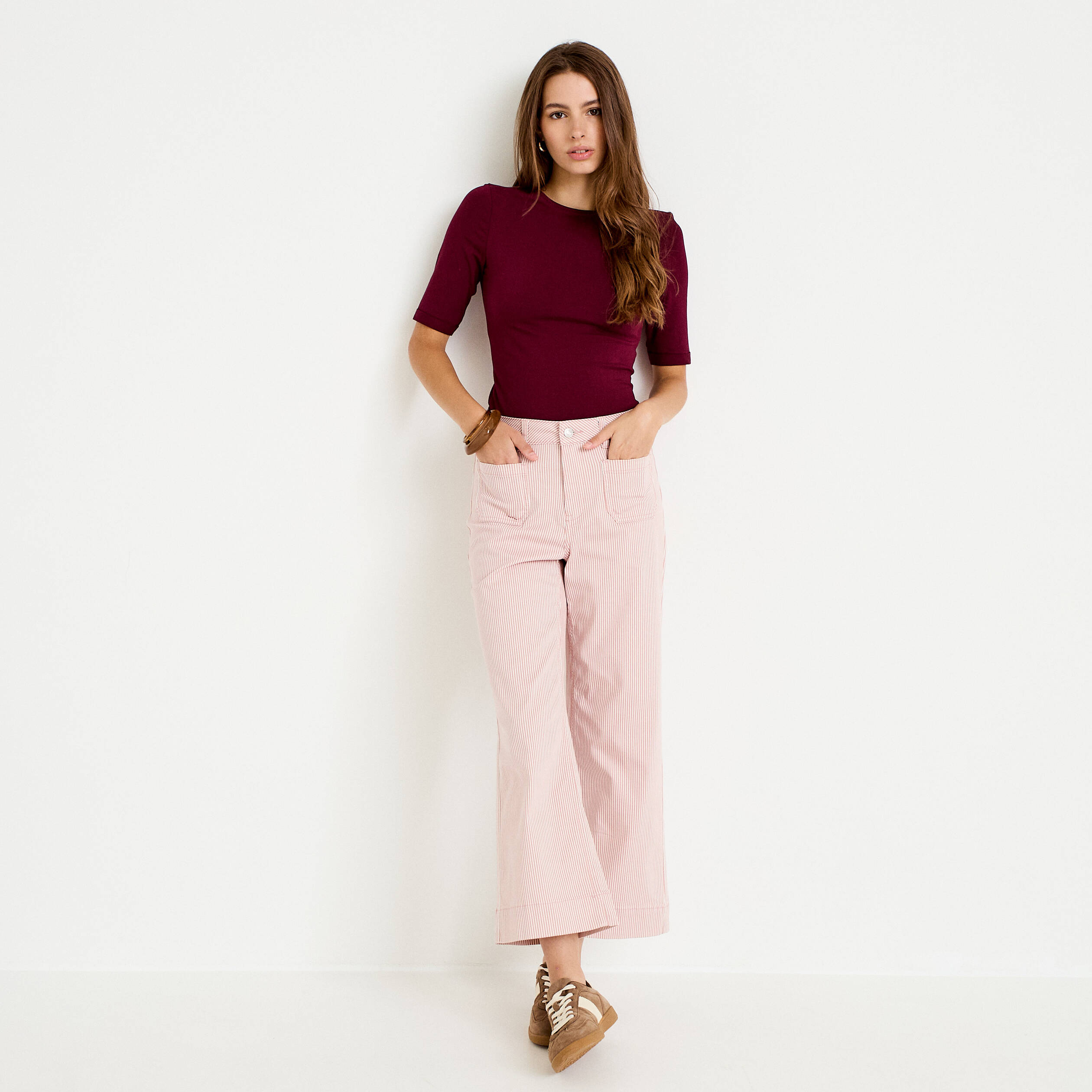 Pantalon large cropped taille haute rose nude femme