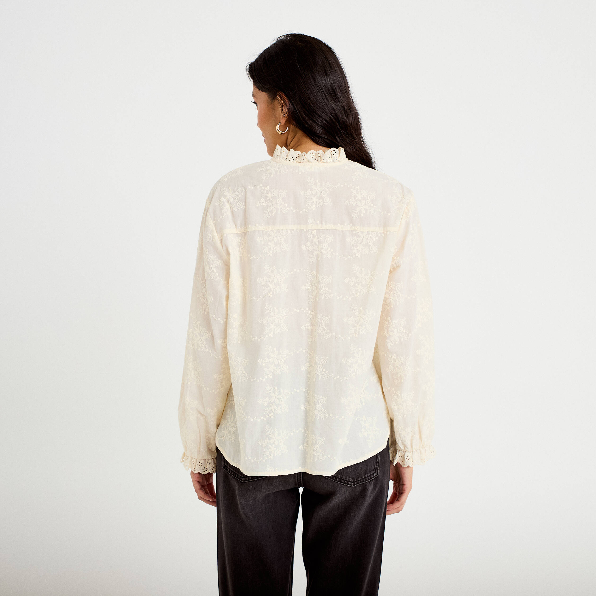 Blouse ample col montant manches longues ivoire femme