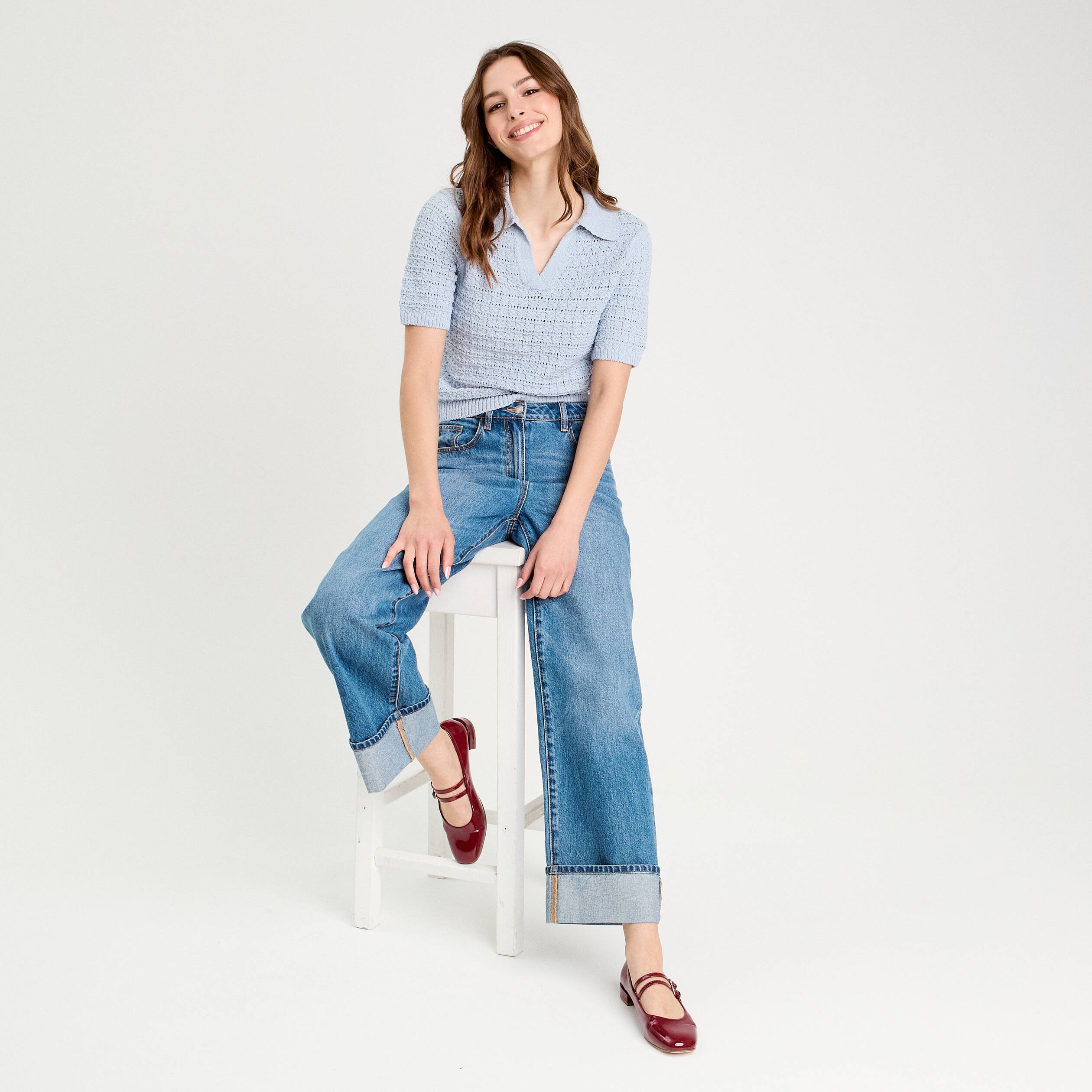 polo manches courtes ajoure denim snow gris femme Polo manches courtes ajouré denim snow gris femme