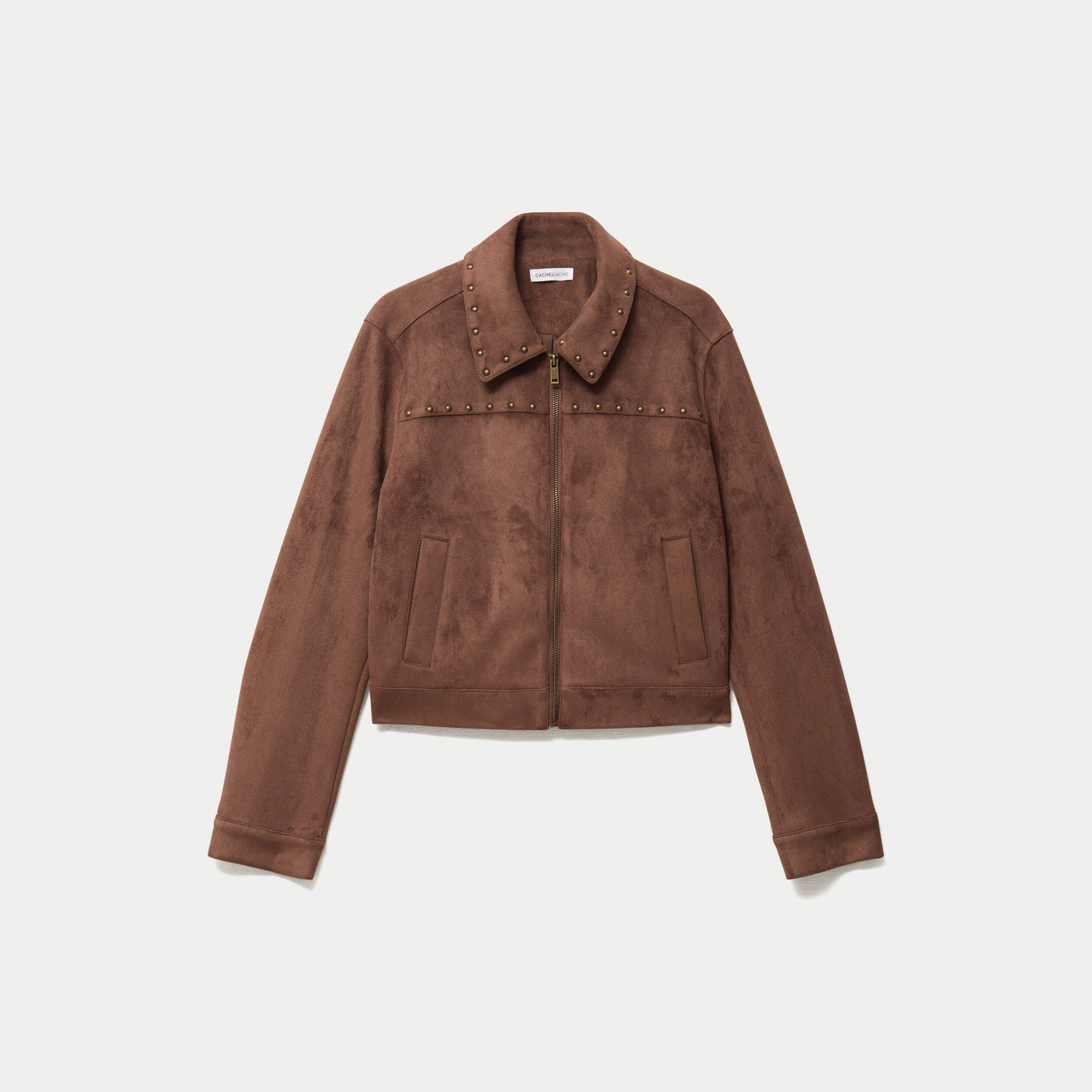 Veste droite cropped col tailleur marron femme