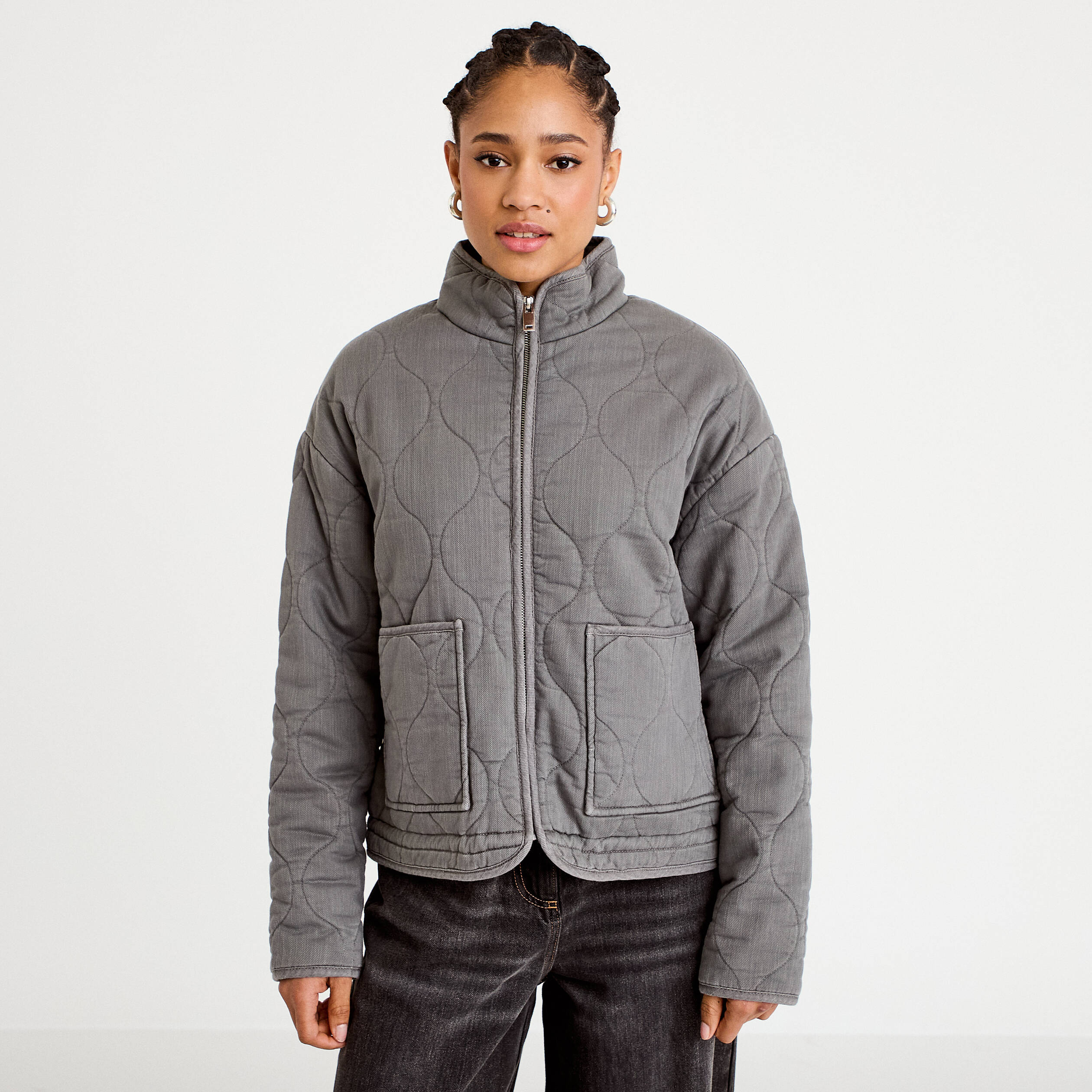 Veste matelass&eacute;e zipp&eacute;e gris clair femme