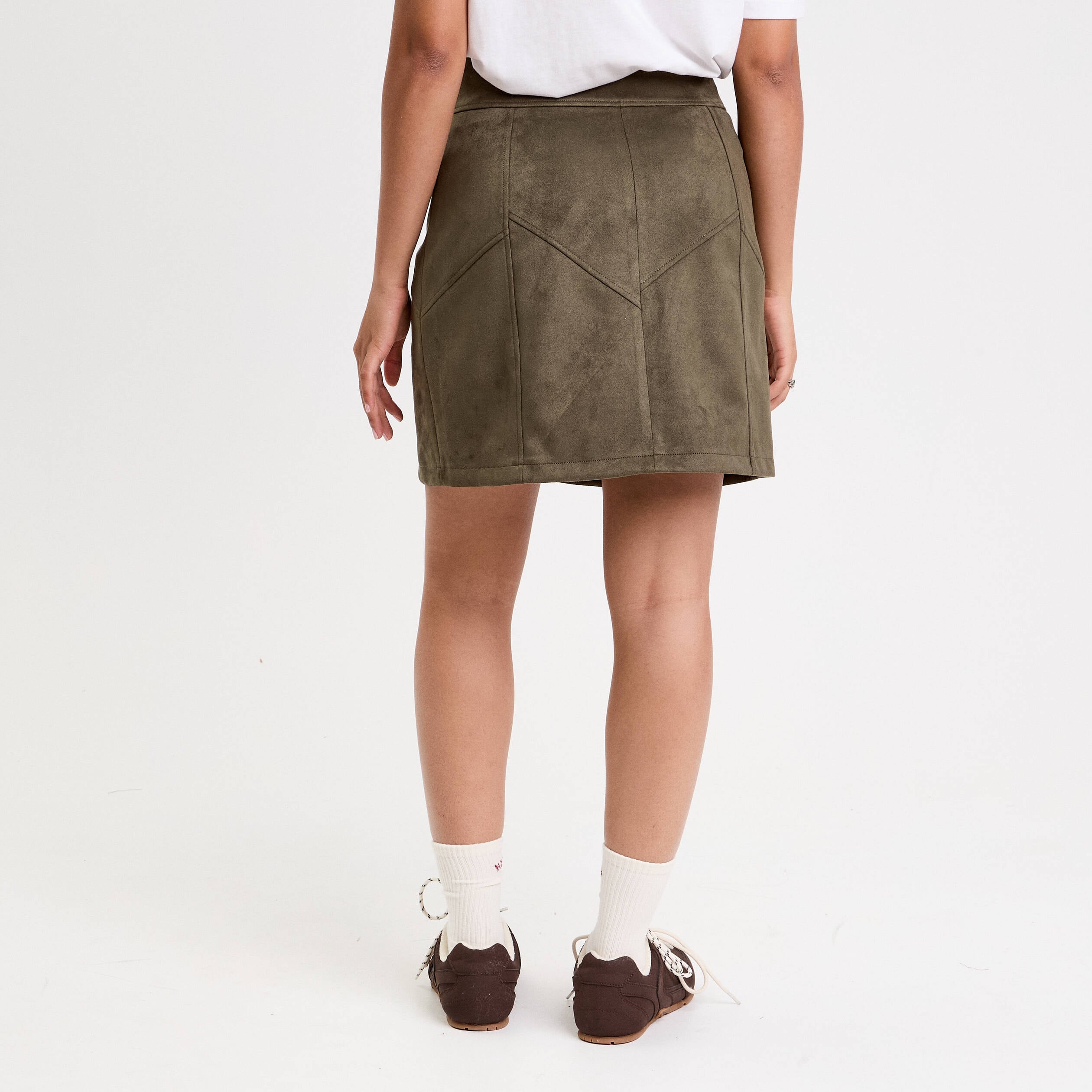 Jupe trap&egrave;ze courte aspect daim vert kaki femme