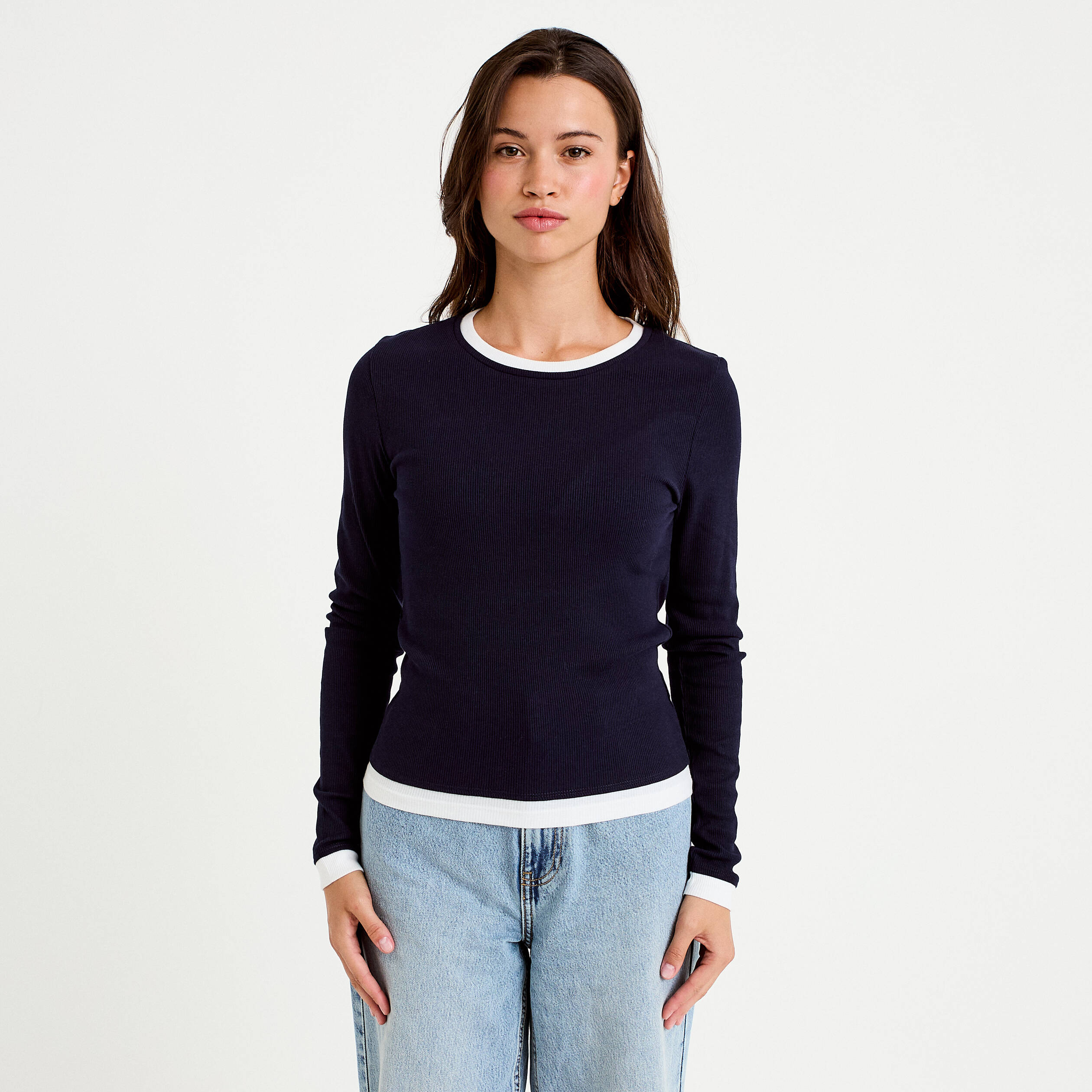 T-shirt 2-en-1 col rond manches longues bleu marine femme
