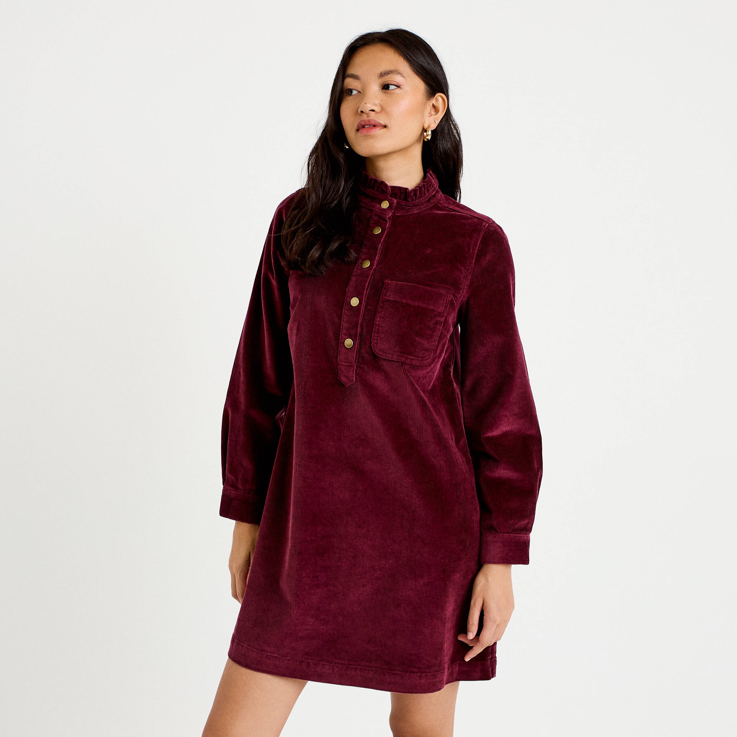 Robe droite velours col montant bordeaux femme