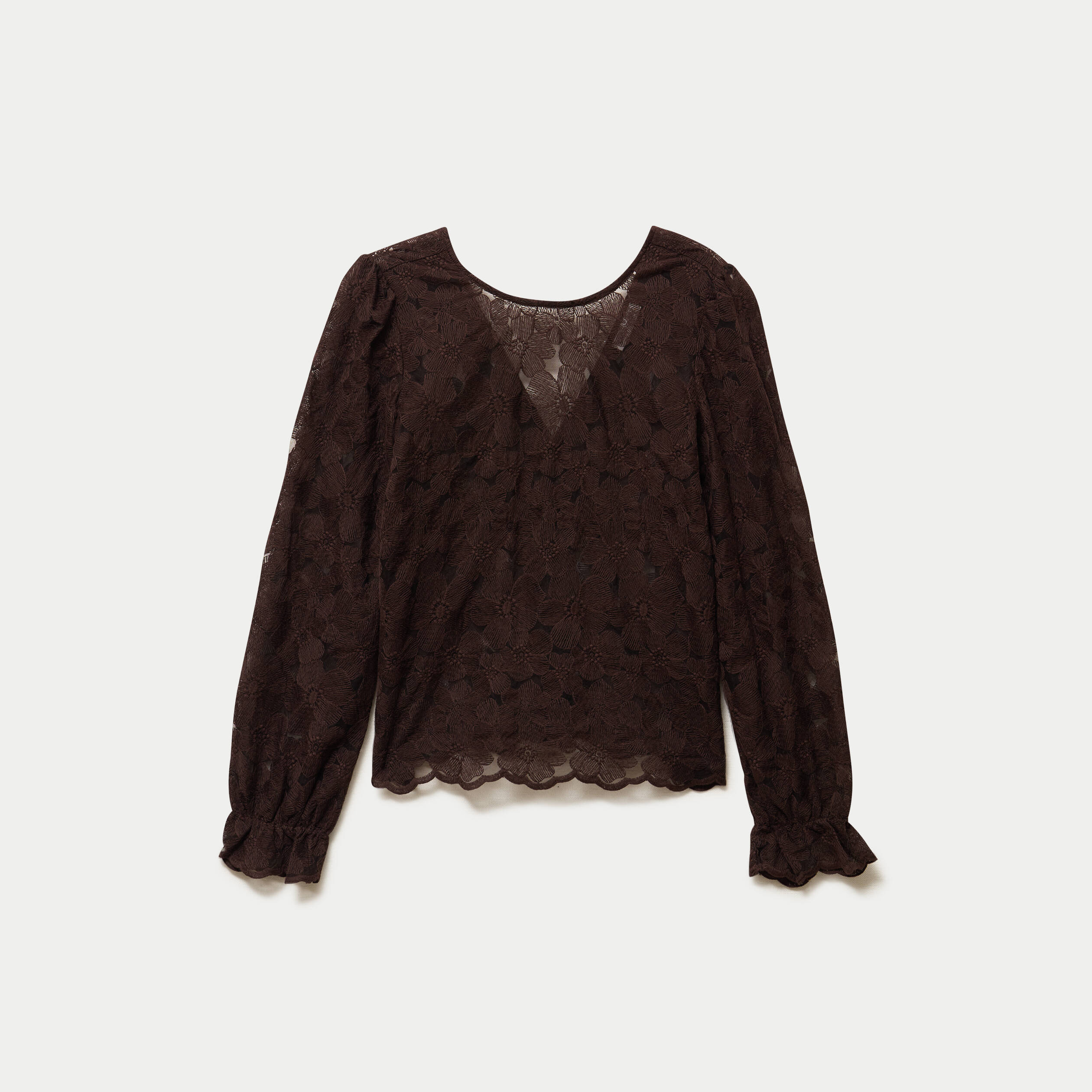Blouse en dentelle d&eacute;collet&eacute; dos marron fonc&eacute; femme